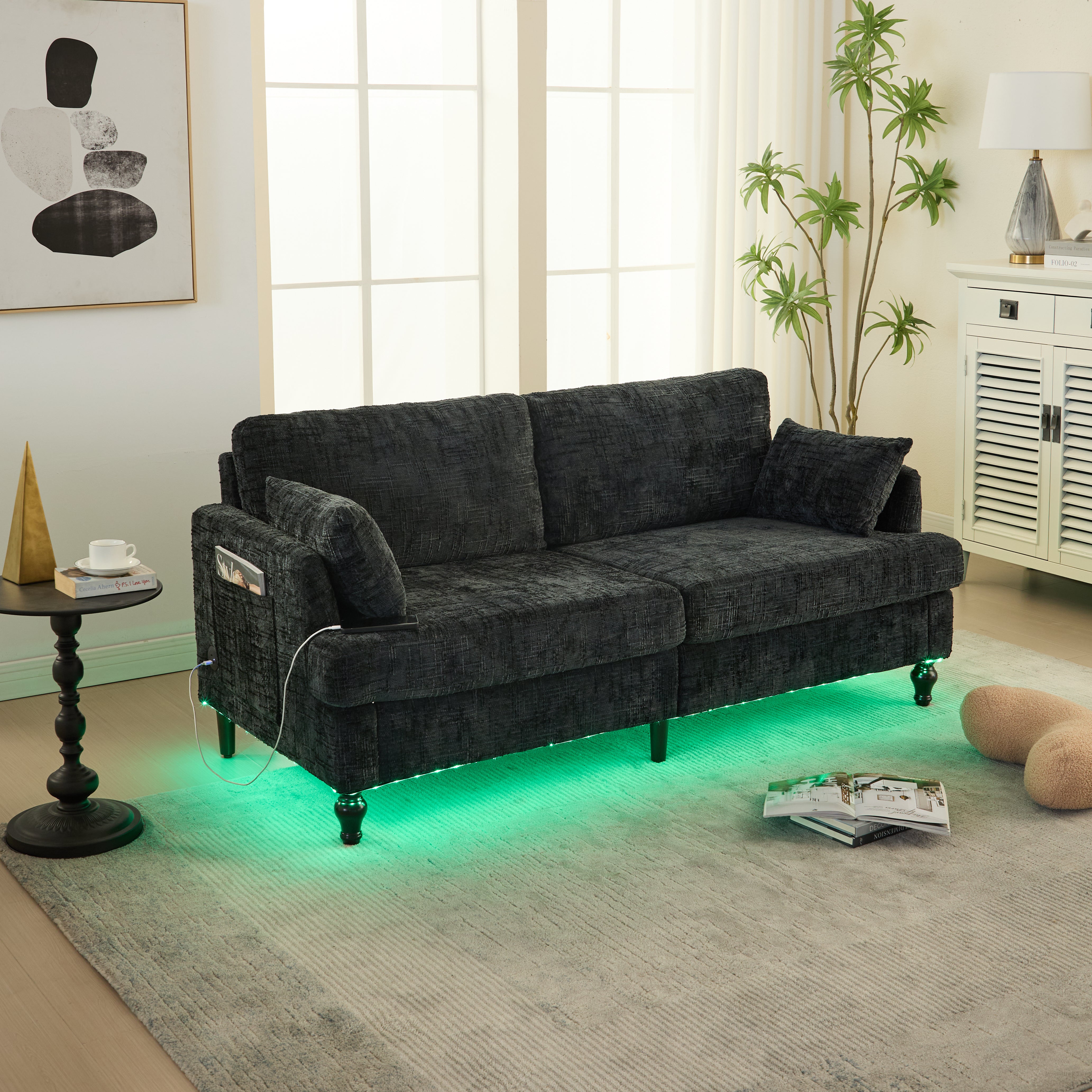 Sofa, 2-Seater with Wooden Legs, LED Light, USB, Storage Bag, Chenille