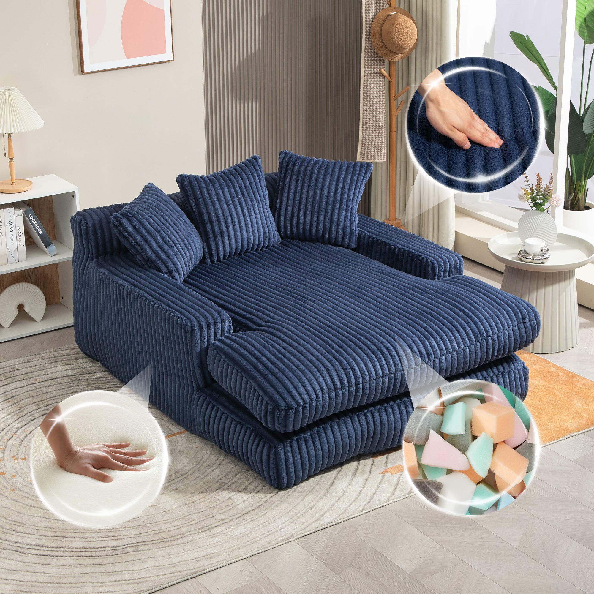 Sofa Bed, Cloud Couch with 3 Soft Pillows, Single Seat, Corduroy Navy Blue
