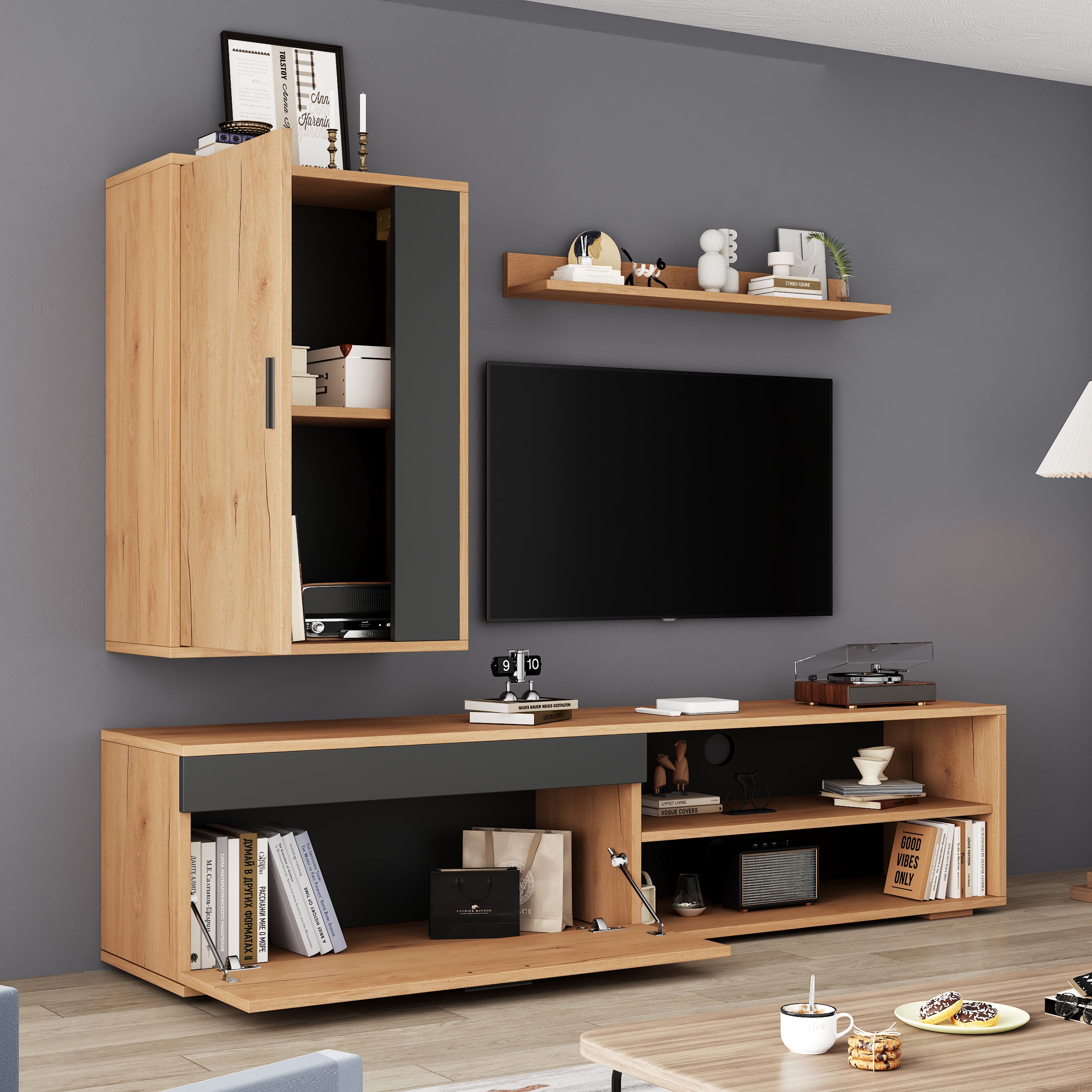 TV Wall Unit Set, 3-Piece Media & Storage, Wood + Black