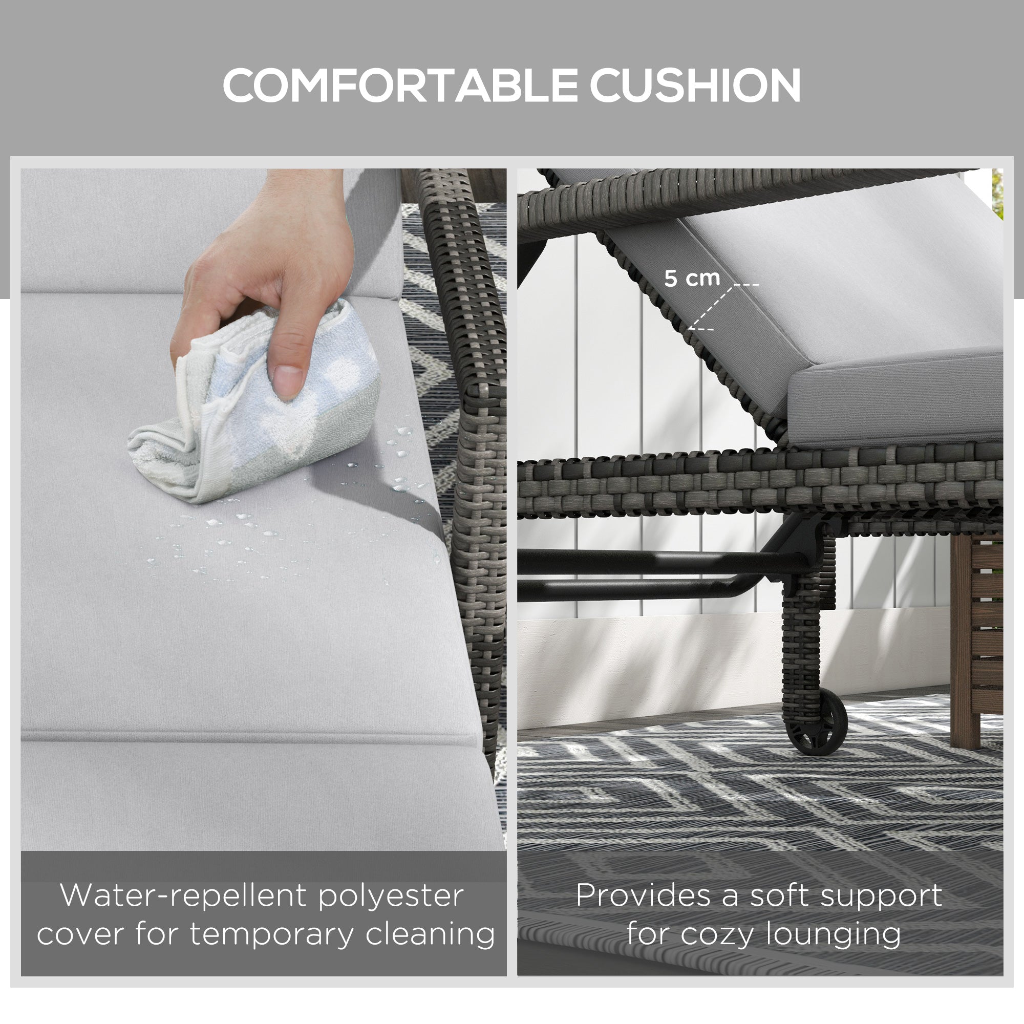 Outdoor Sun Lounger Chaise Recliner, 5-Level Adjustable Backrest, 2 Wheels, Rattan Wicker