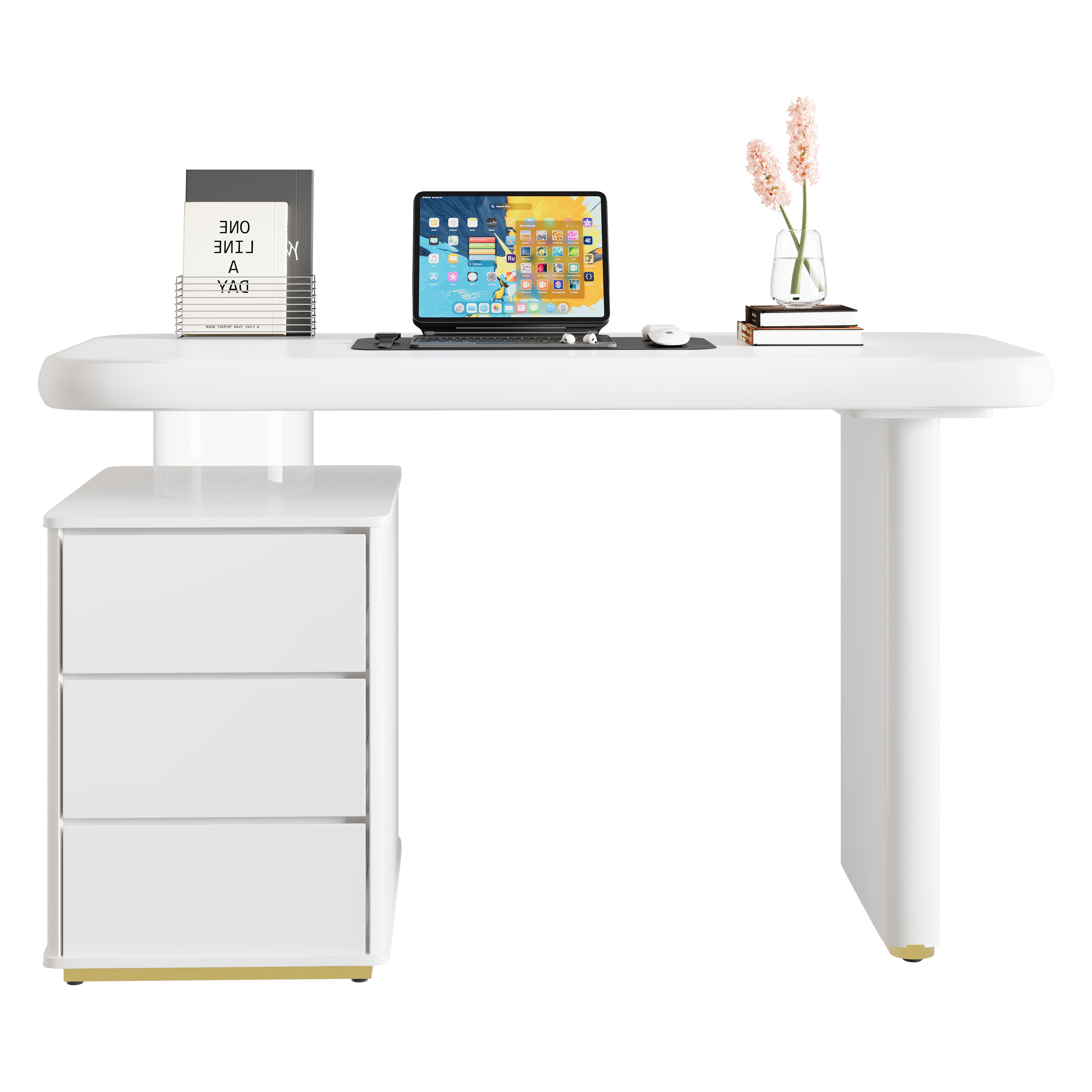 Modern Desk, 117×50×74 cm, Cloud Shape, 3 Drawers, White Lacquer Finish