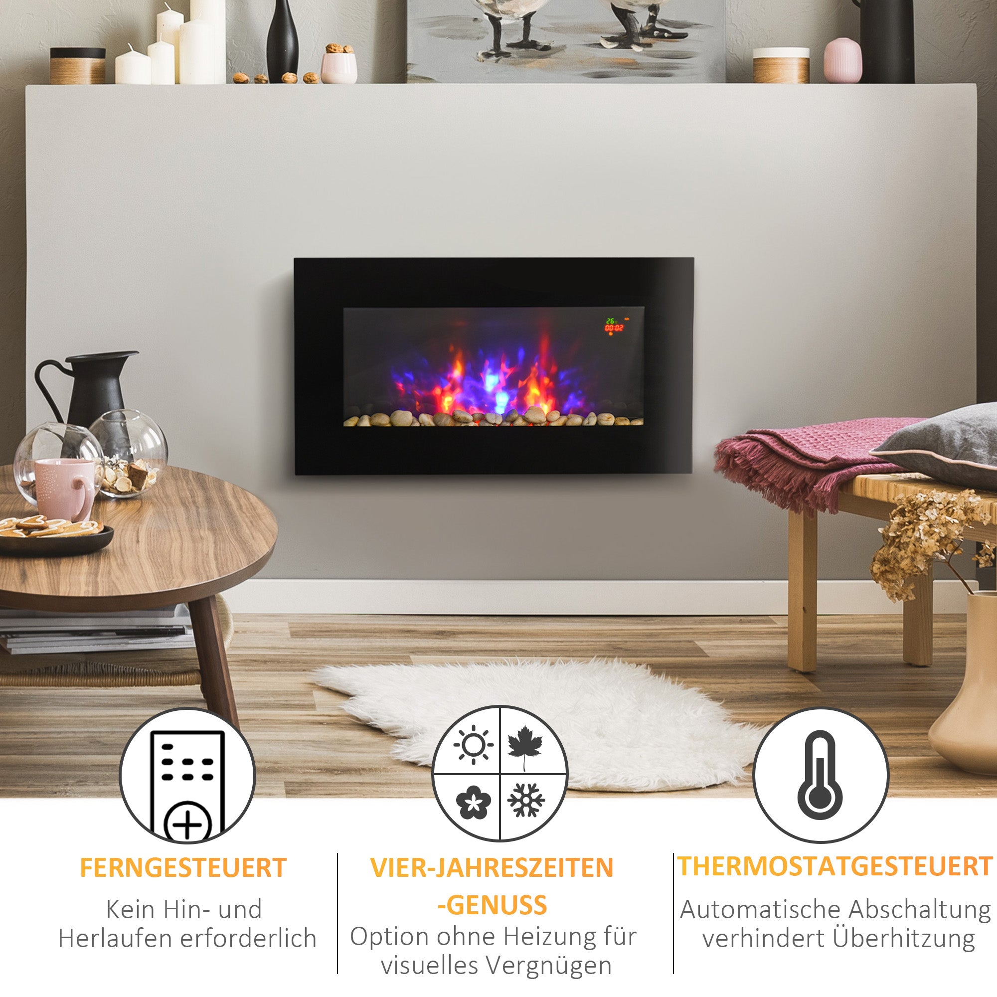 Electric Fireplace, LED Flame Effect 1000/2000W 7 Colors Remote Control Wall-Mounted, Black