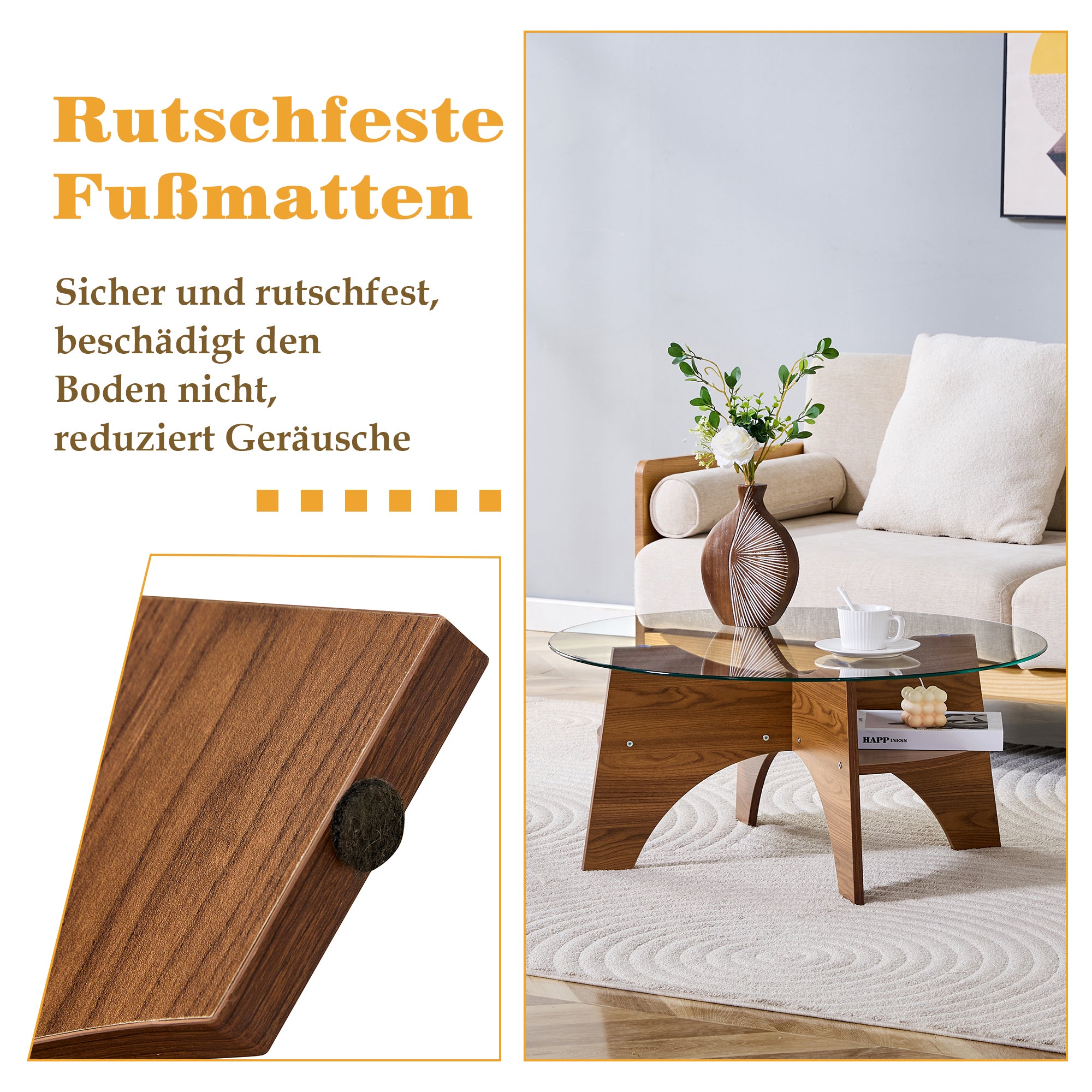 Round Side Table Ø 80 cm Safety Glass Top Multifunctional Walnut-Finish MDF