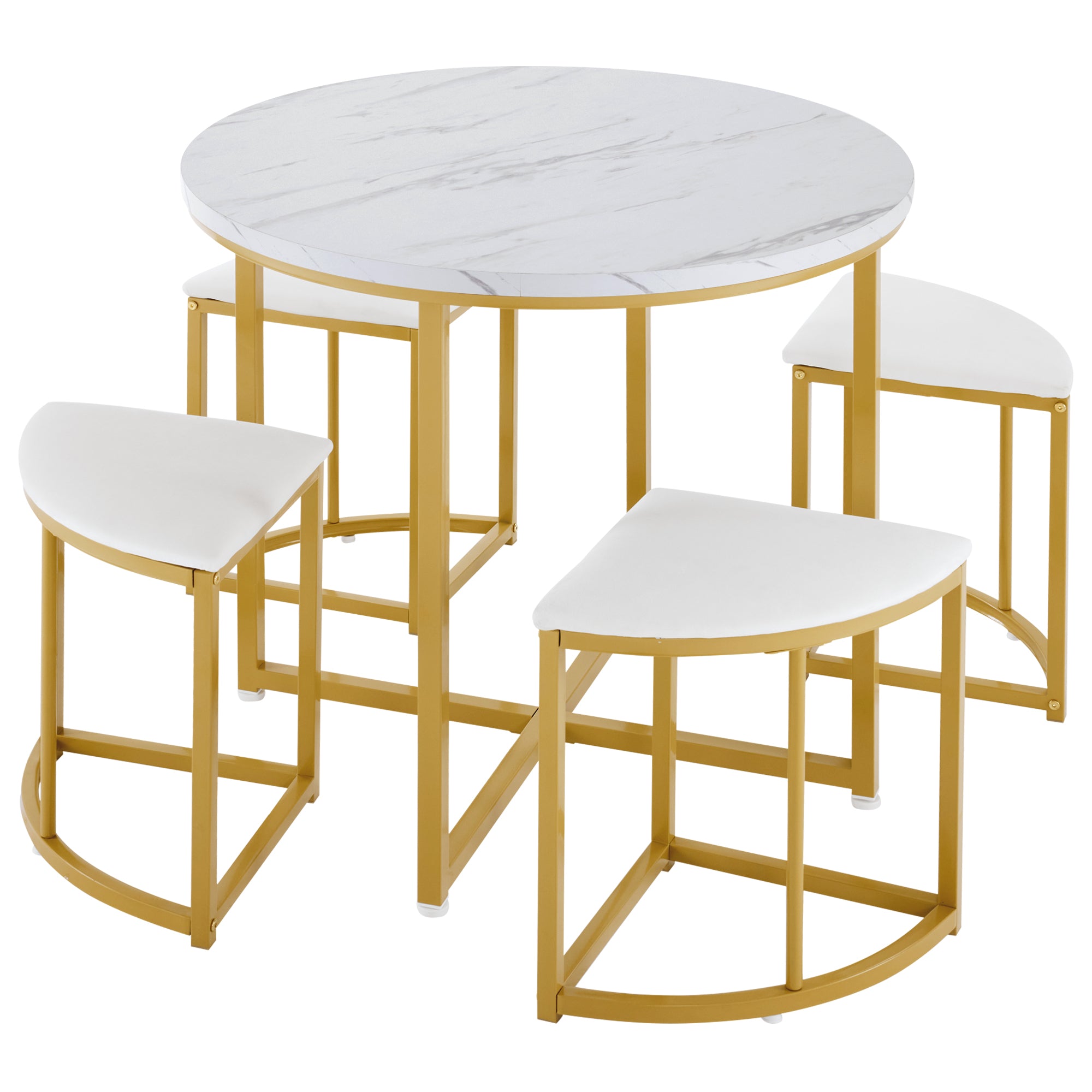 Dining Room Table Set with Four Chairs, MDF & Gold-Plated Iron, Velvet, White