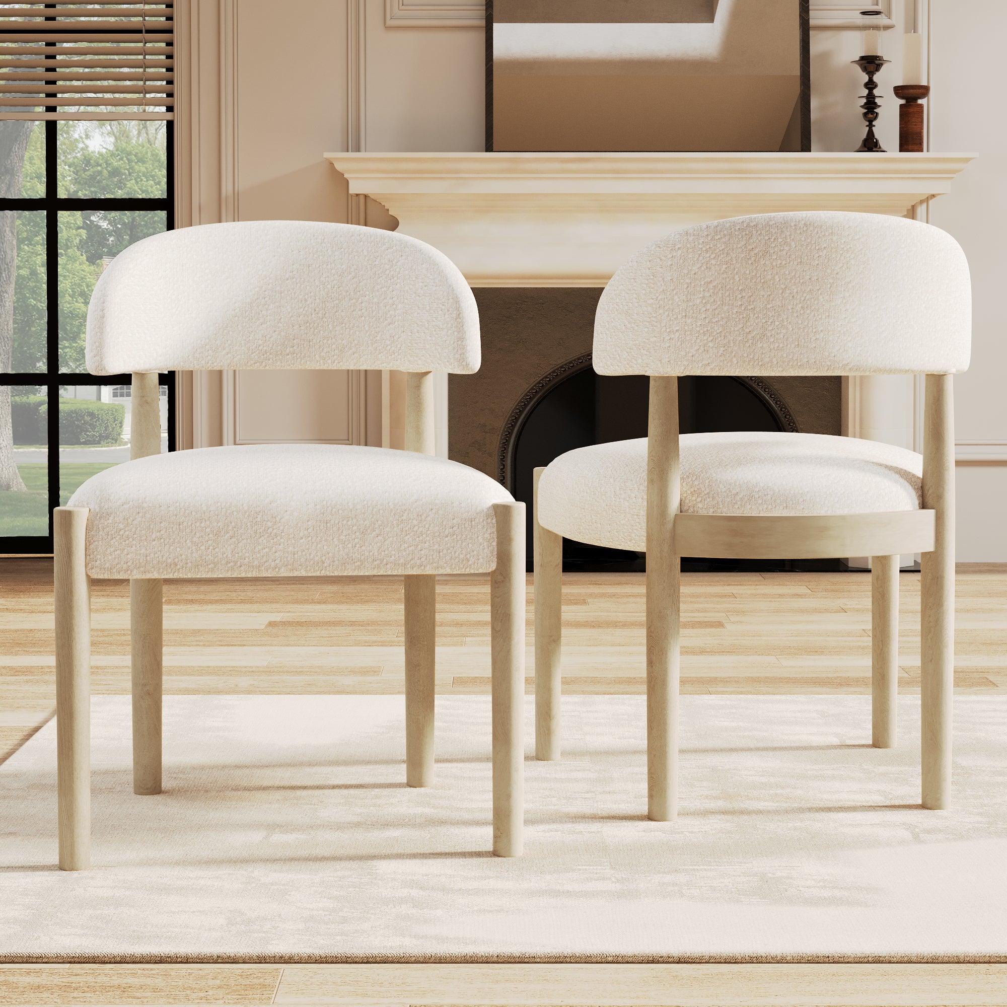 Solid Wood Dining Chairs Set of 4, Comfortable and Breathable, Natural Bouclé