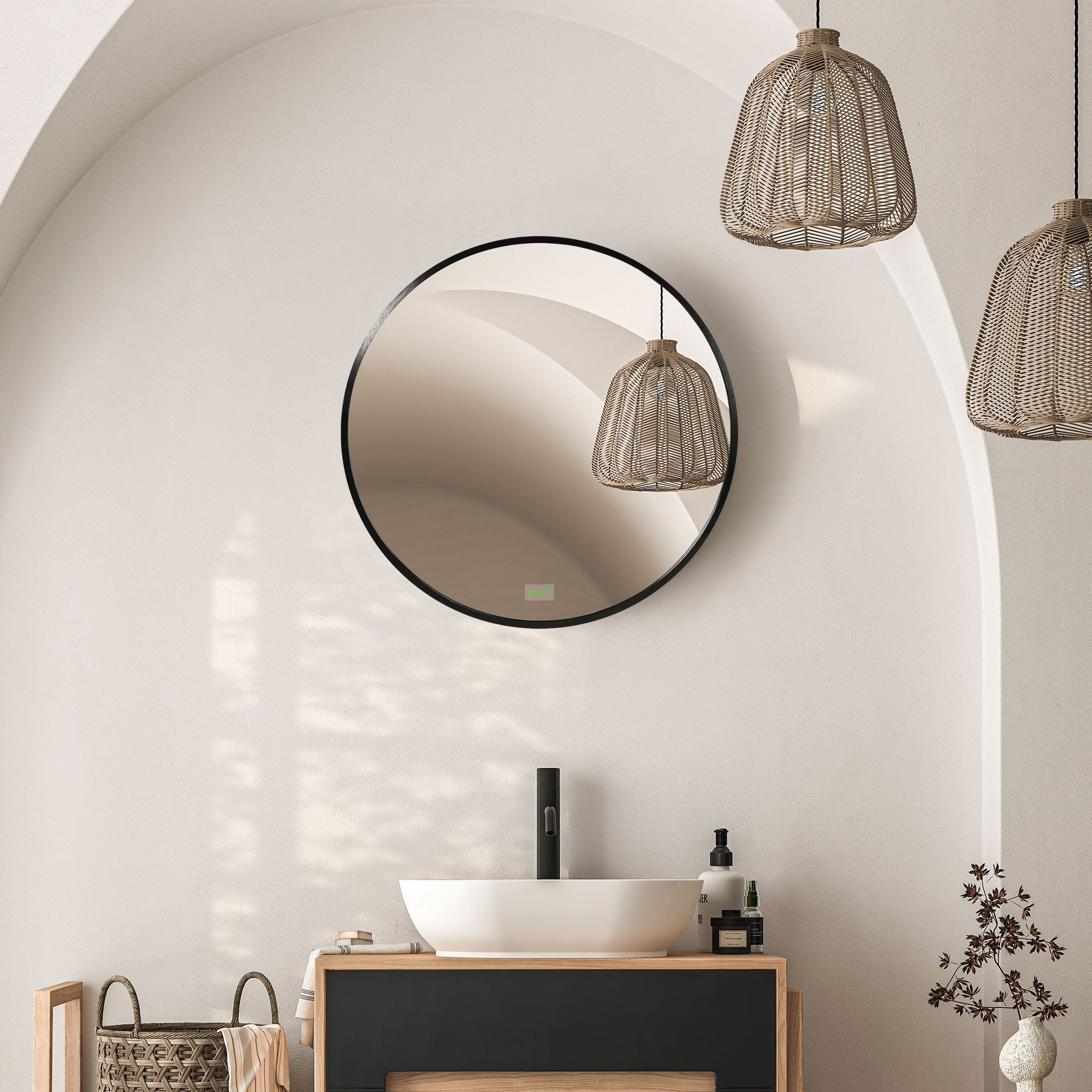 Bathroom Mirror Round Wall Ø50 cm Aluminum Frame IP44 Black