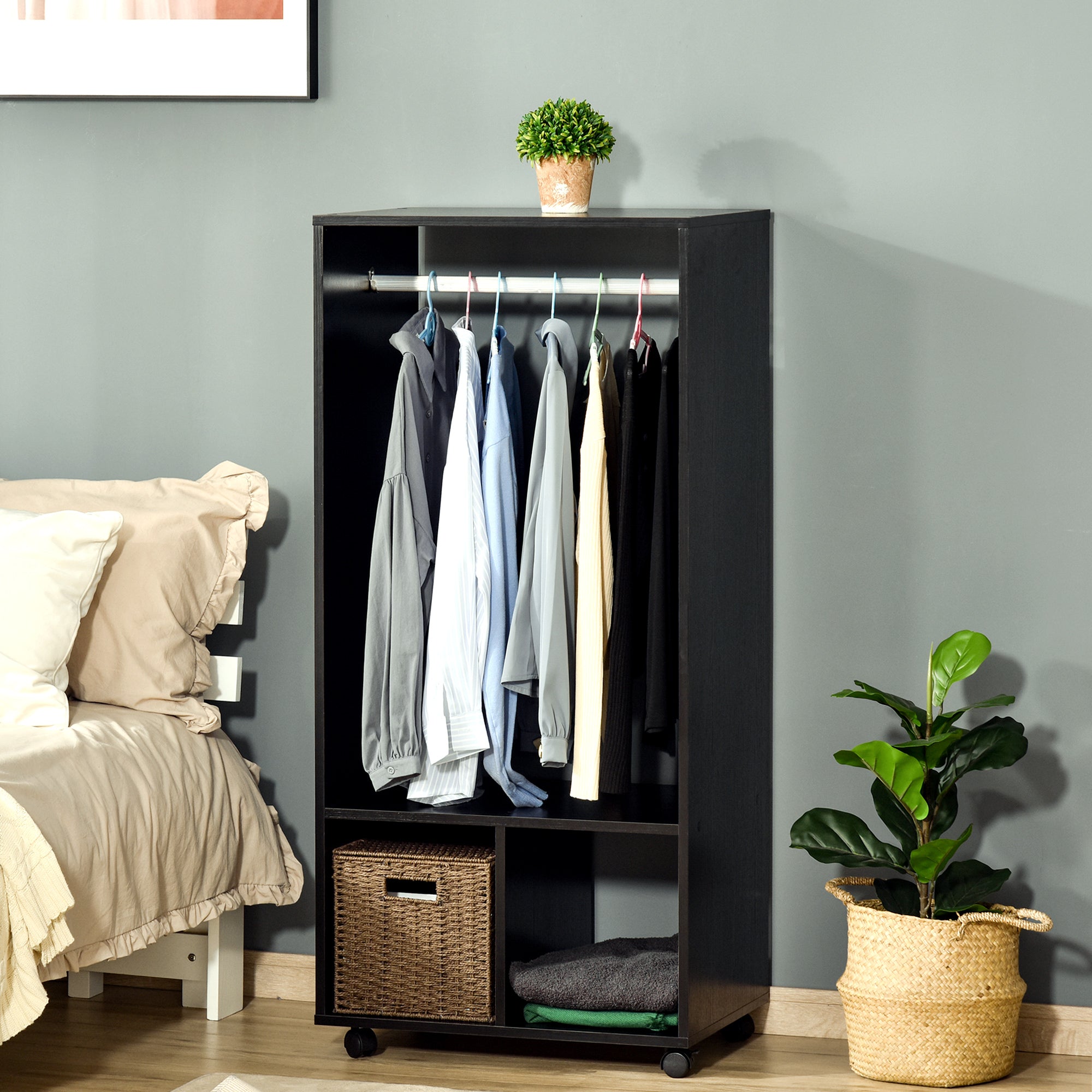 Open Wardrobe on Wheels with Clothes Rail and 2 Shelves, Black