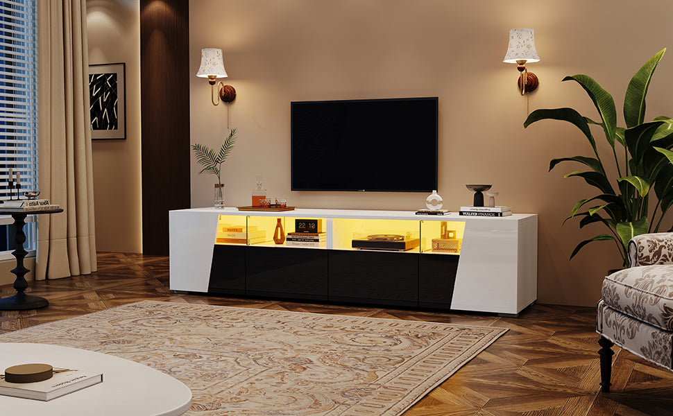 TV Stand High-gloss LED Lighting 2 Drawers 2 Cabinets 80-inch, White + Black