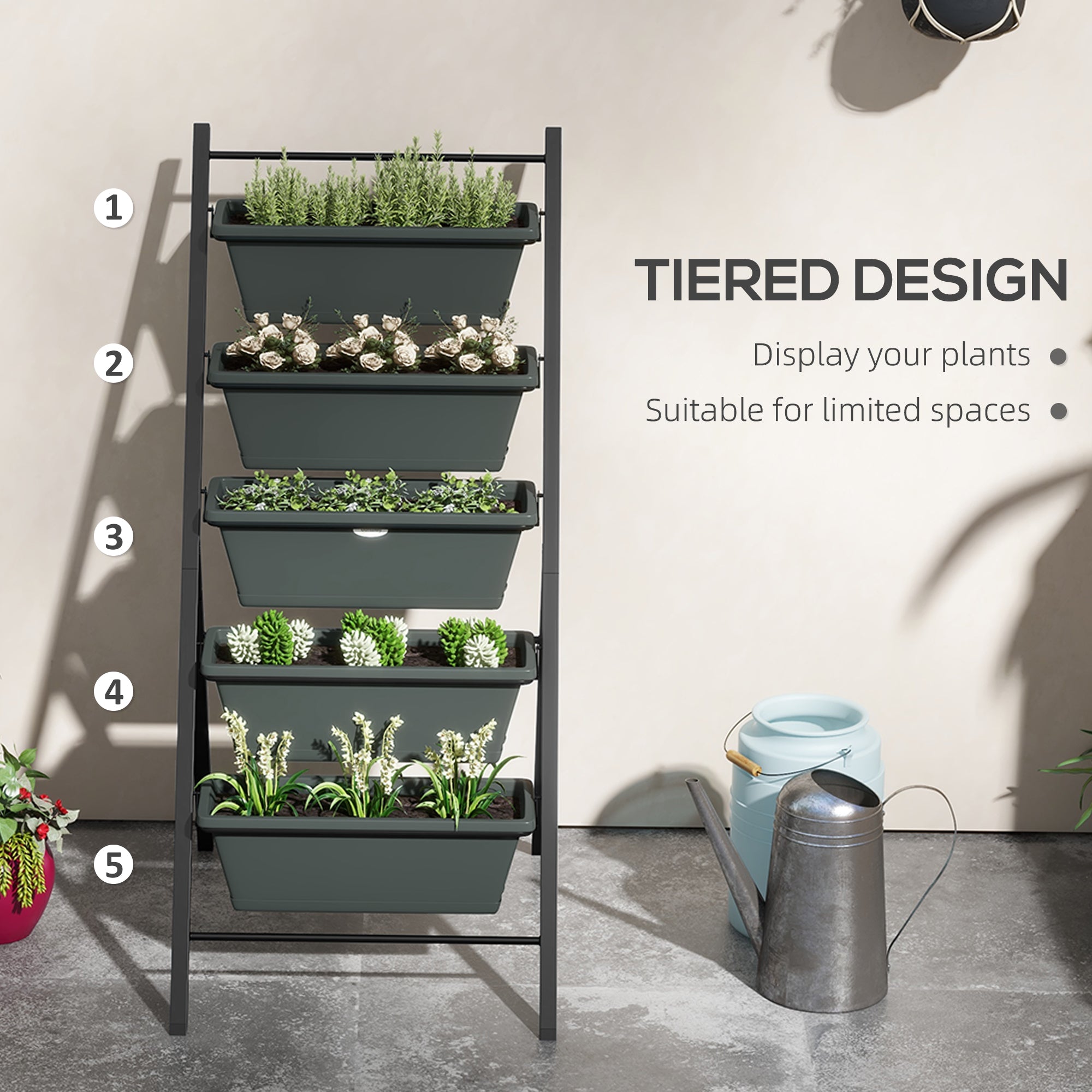 5-Tier Vertical Raised Garden Planter with 5 Container Boxes, Outdoor Plant Stand, Grey