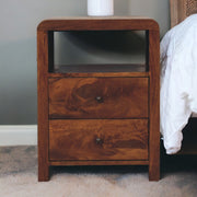 Solid Wood Aspen Bedside: 2 Drawers, 1 Open Slot - Dark Brown
