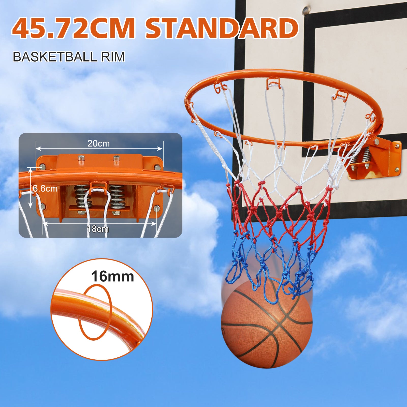 Basketball Rim Replacement, Double Spring Solid, In-Ground & Wall-Mounted Steel, Orange