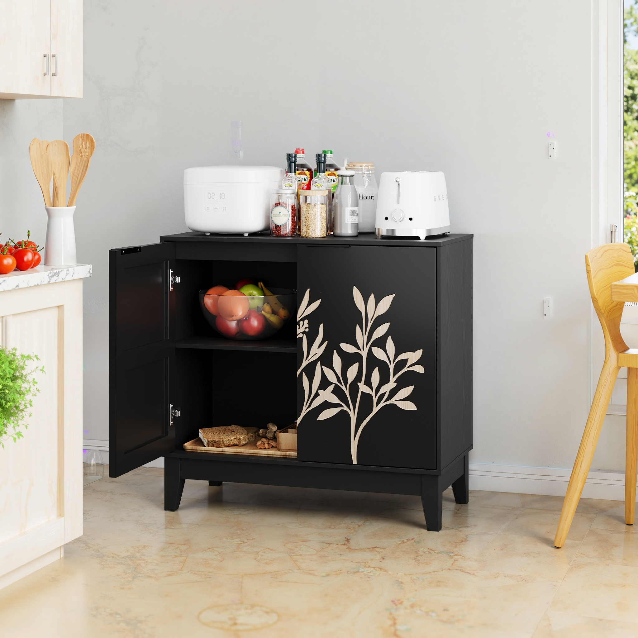 Vintage Buffet Cabinet, 80cm, 2 Doors, Adjustable Shelves, Carved Wood