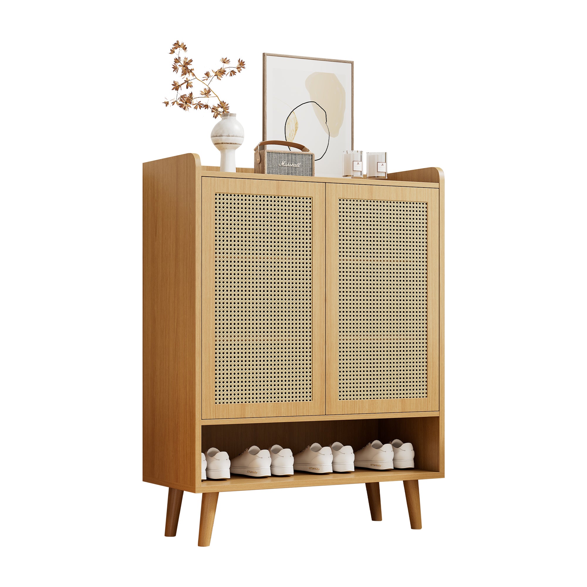 Natural rattan shoe cabinet, 2 doors and 5 shelves, with wooden handles and solid wood legs, 80x105x35 cm