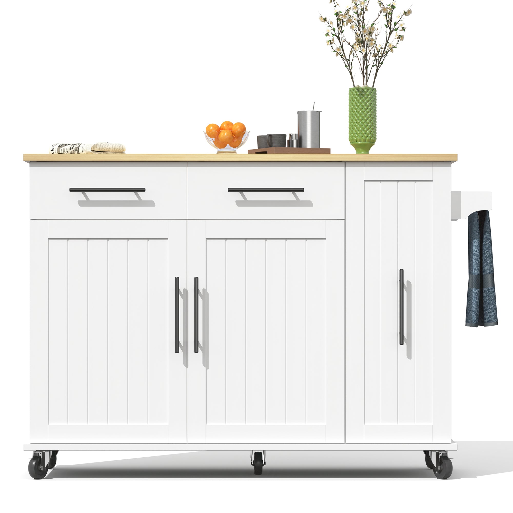 Kitchen Island Drop Leaf Storage Cart Rolling 3-Tier Pull-Out Organizer White