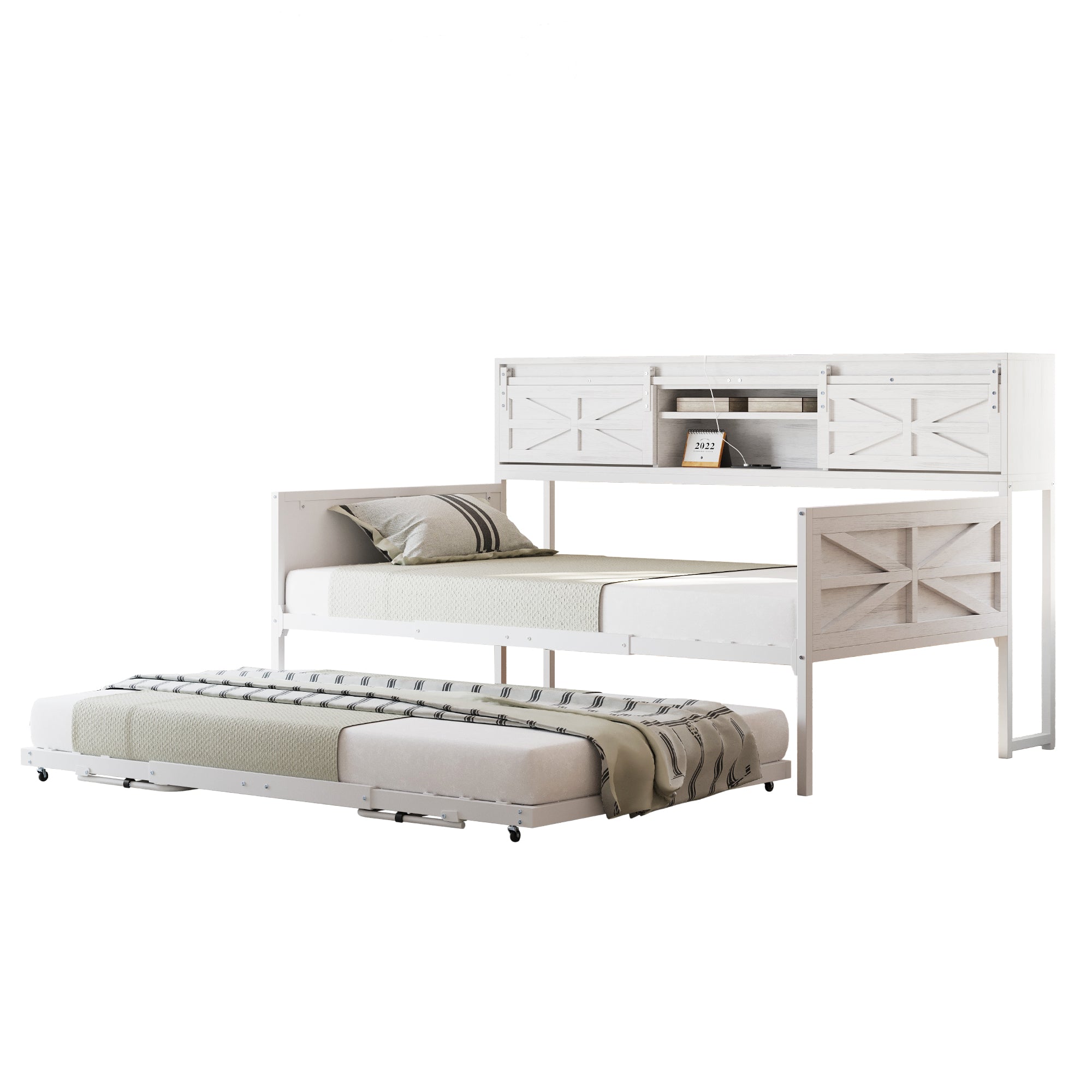 Iron Sofa Bed, 90x200cm Pull-Out with Storage & Sockets, White