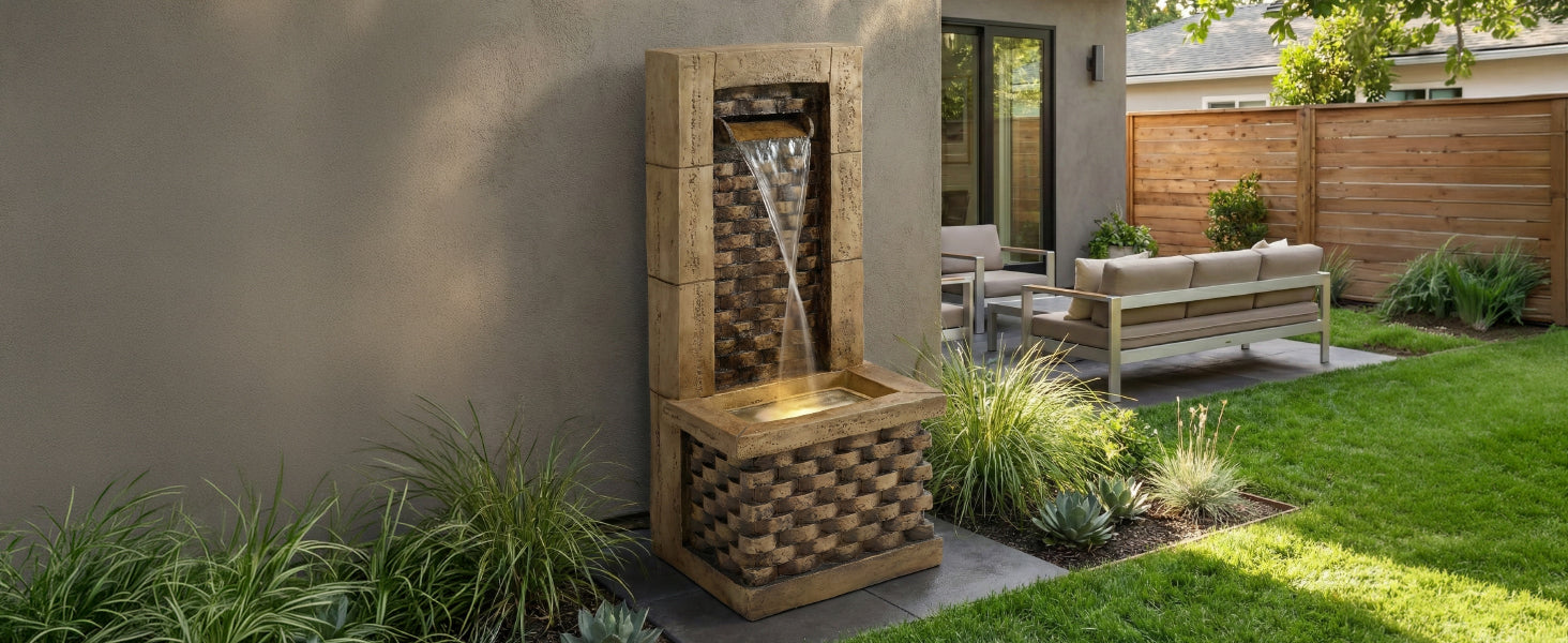 Garden Fountain with 230V Waterfall and Square Door Design, Antique Style