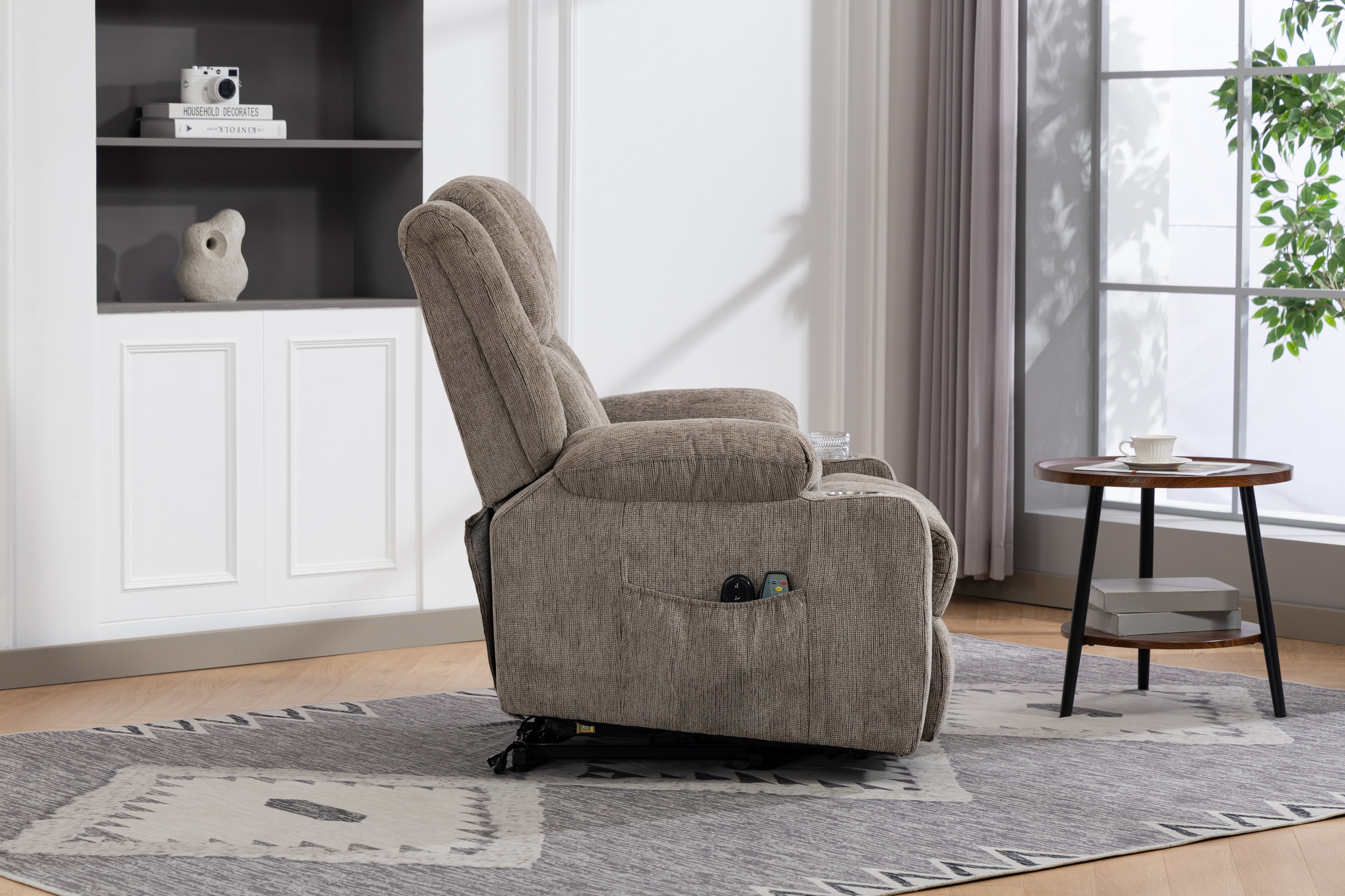 8205 Electric Armchair, Lift Assist, Massage, Heat, Footrest, Side Pockets & Cup Holder, Light Brown