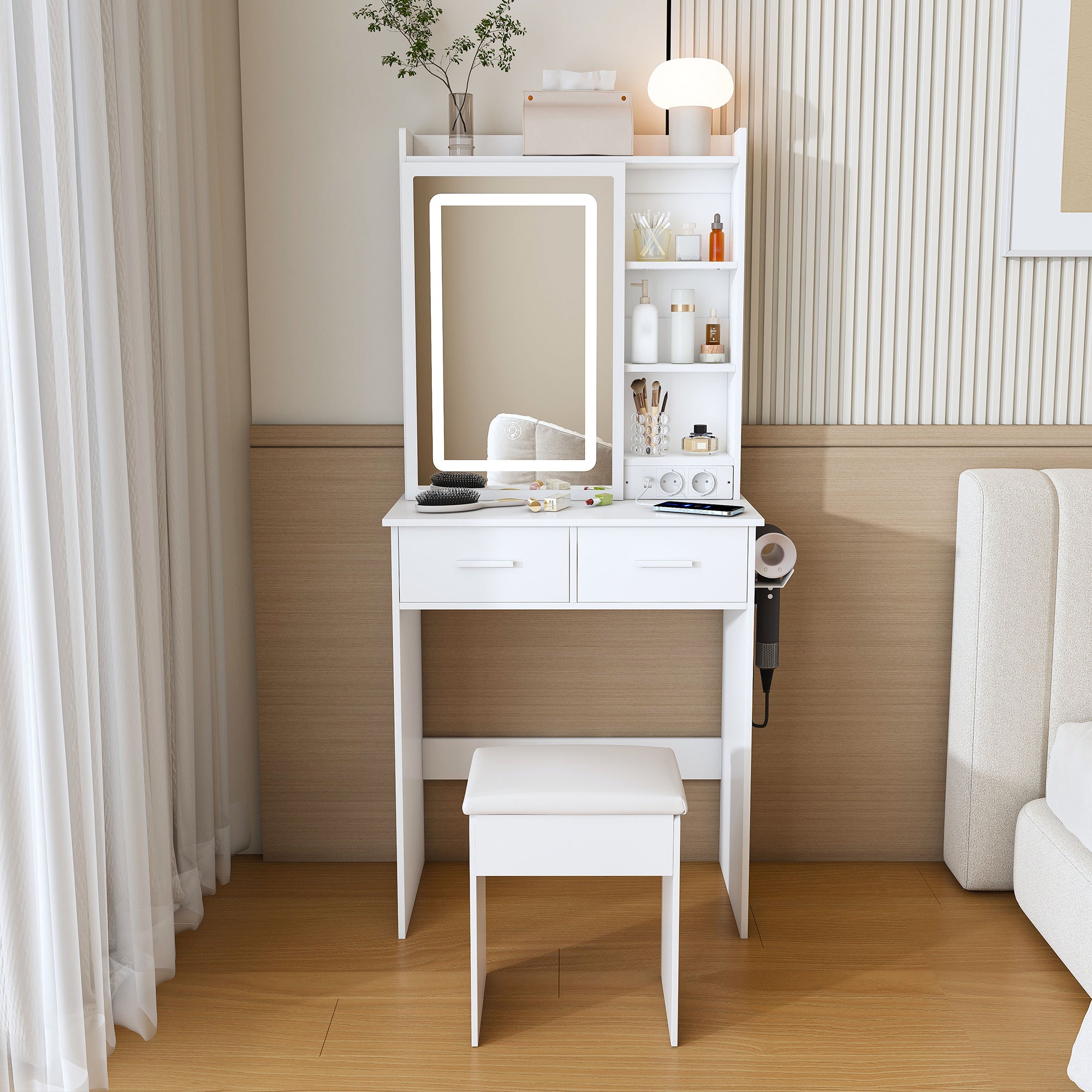 Dressing Table, Small with LED Mirror, Stool, Hidden Storage, White