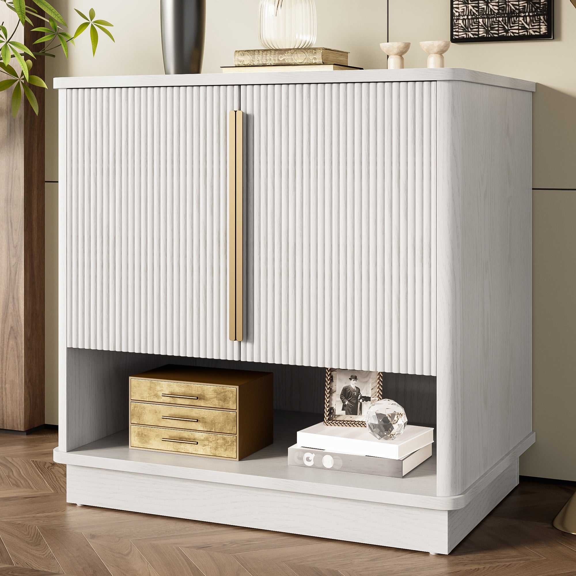 Modern Shoe Cabinet, Space-Saving with 2 Doors and Open Compartment, White