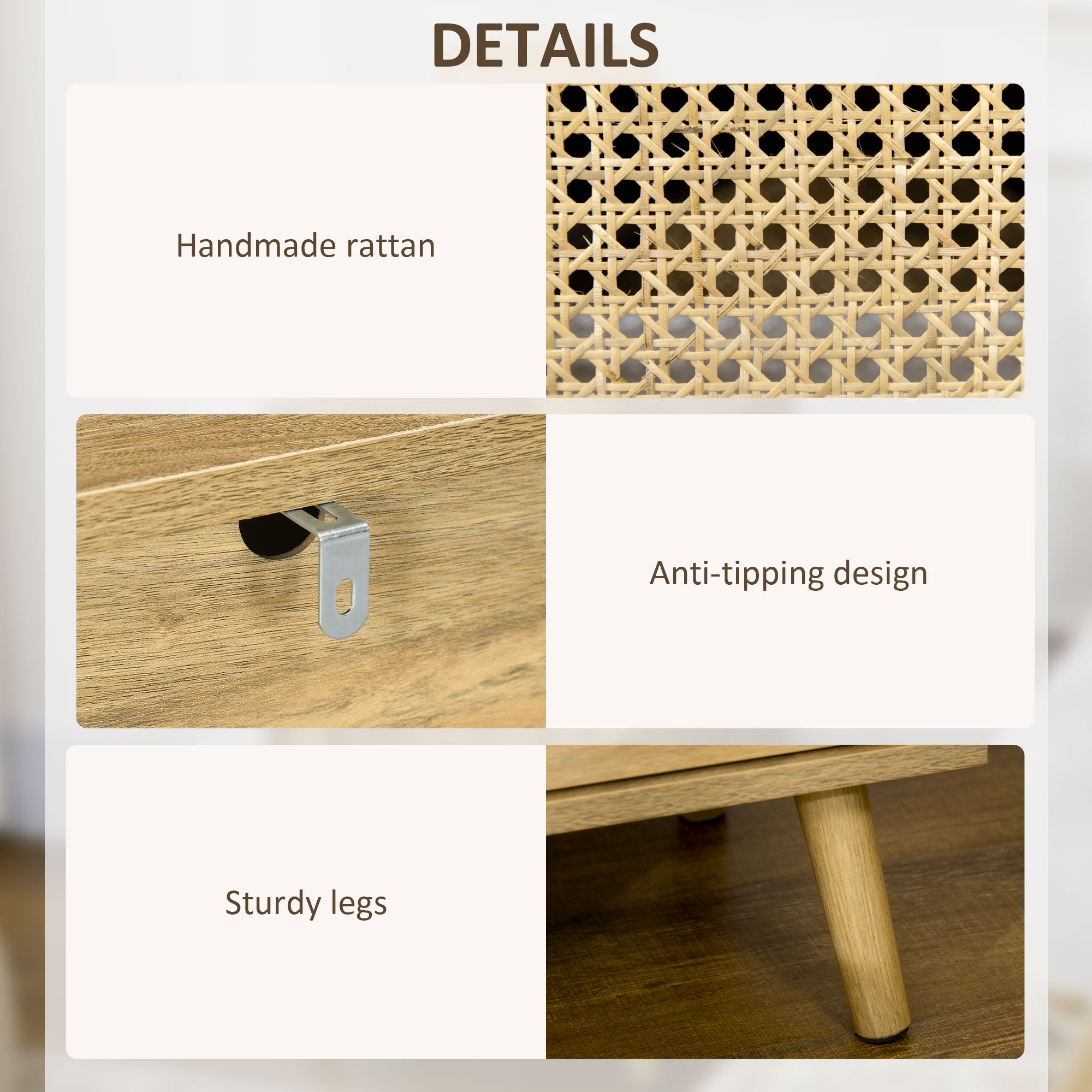 Bedside Table with Shelf and Cupboard, Set of 2, Rattan/Natural