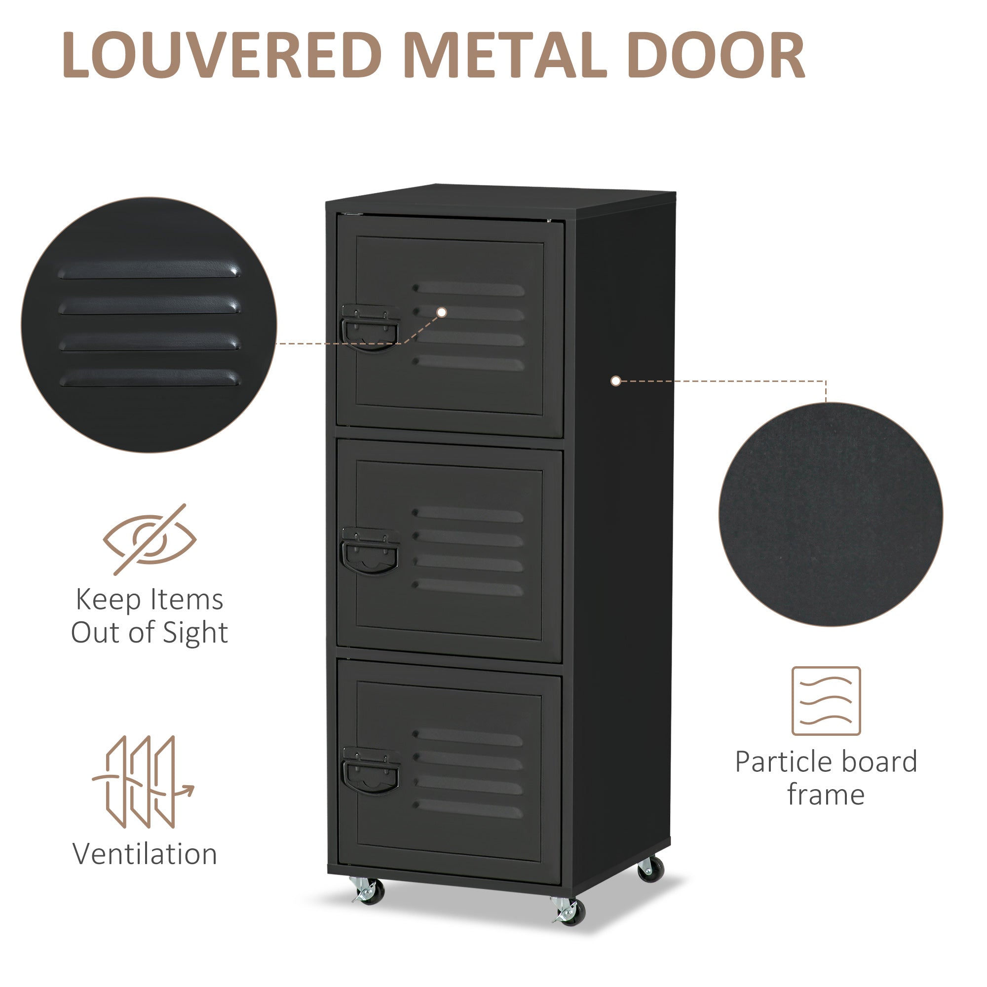 Rolling Storage Cabinet 3-Tier Mobile File Cabinet with Wheels and Metal Doors, Black