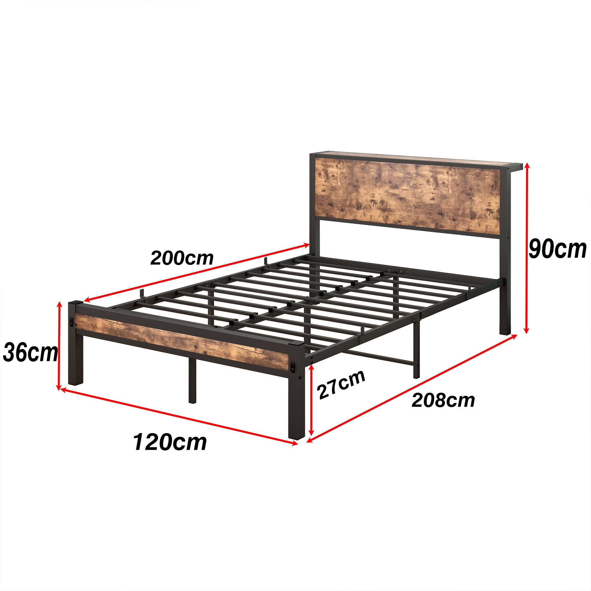 Metal Platform Bed Frame with Storage Headboard, Noise-Free, Vintage Brown