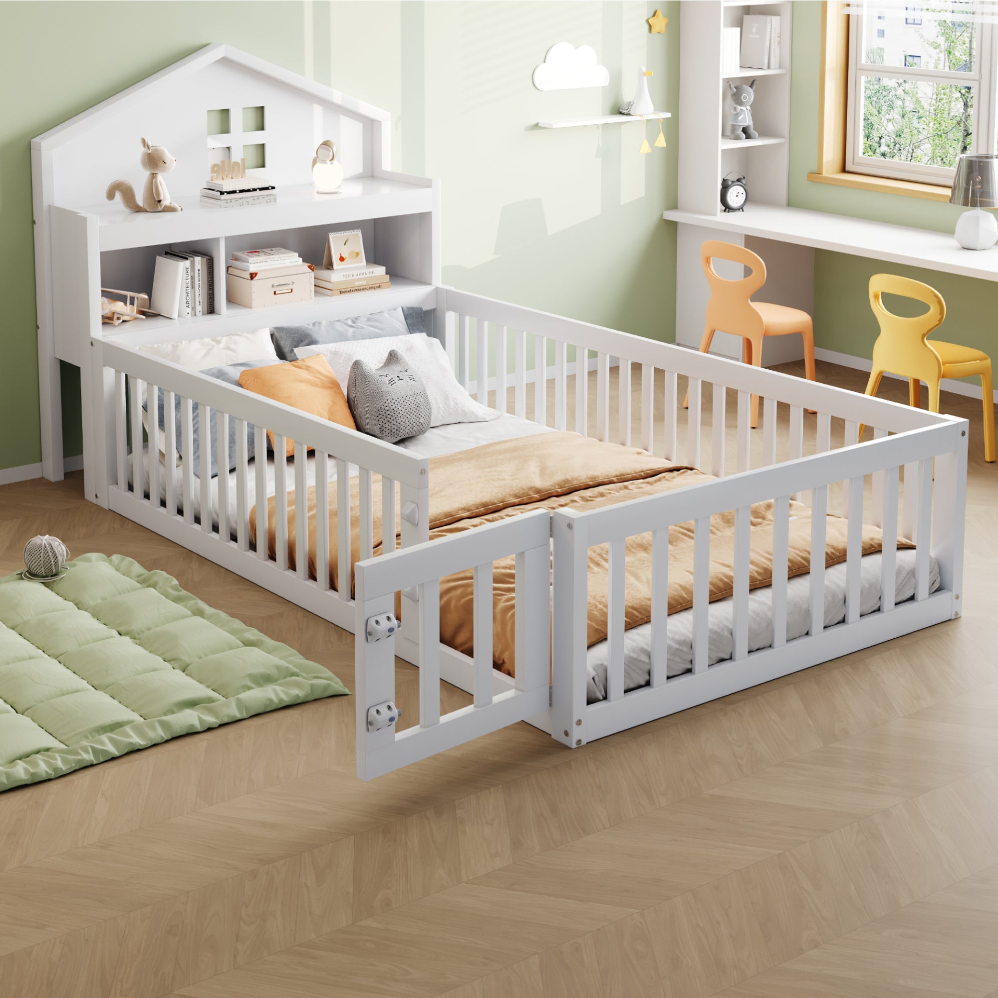 Children's Bed 90x200, Solid Wood Frame with Shelves, Storage, Safety Gate & Door, White