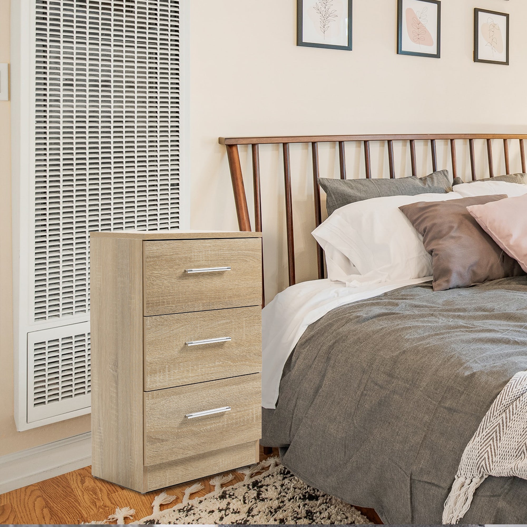 Bedside Tables, Set of 2 with 3 Drawers, Chipboard, Natural Color