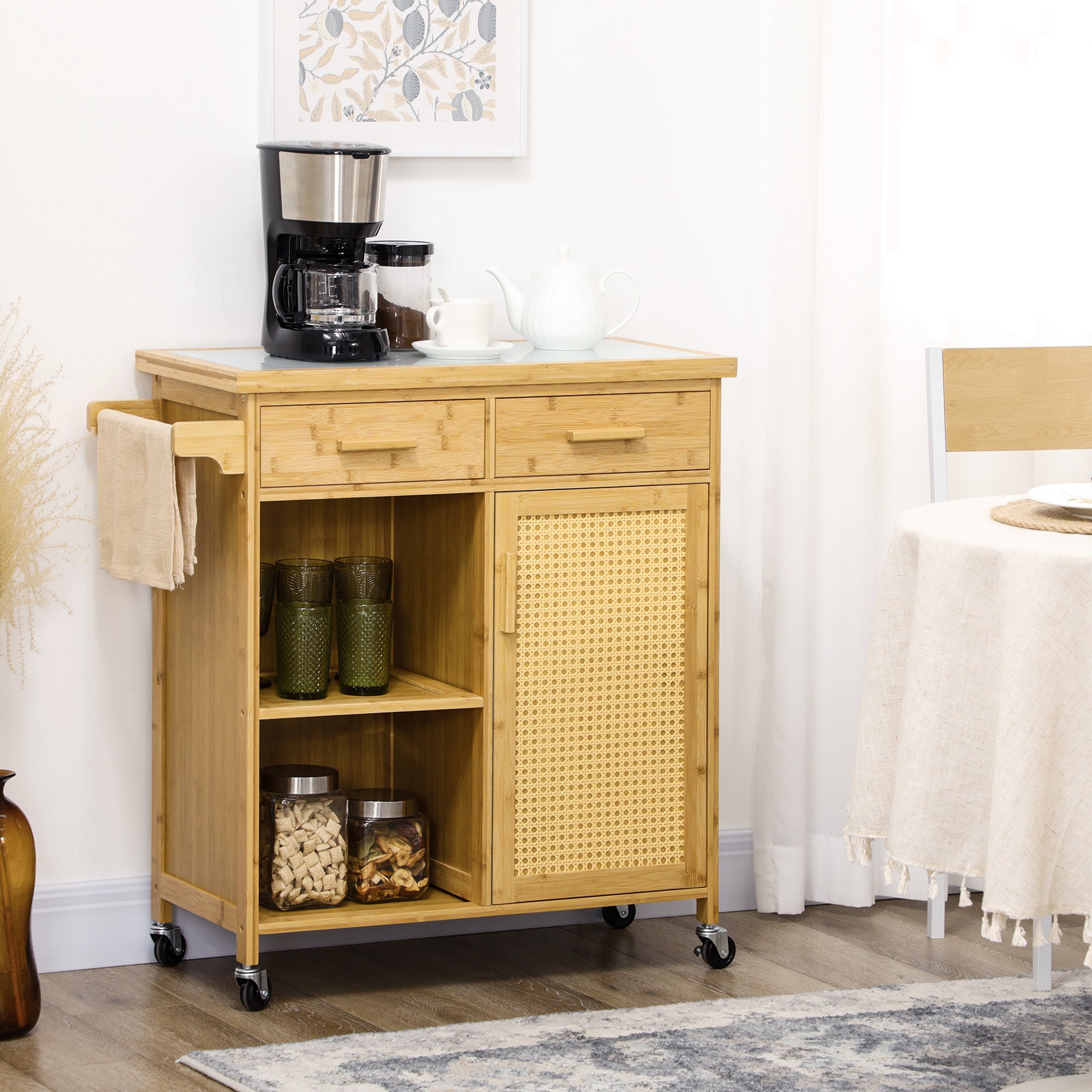 Kitchen Trolley Serving Trolley Drawer Cabinet Towel Rack Bamboo Natural