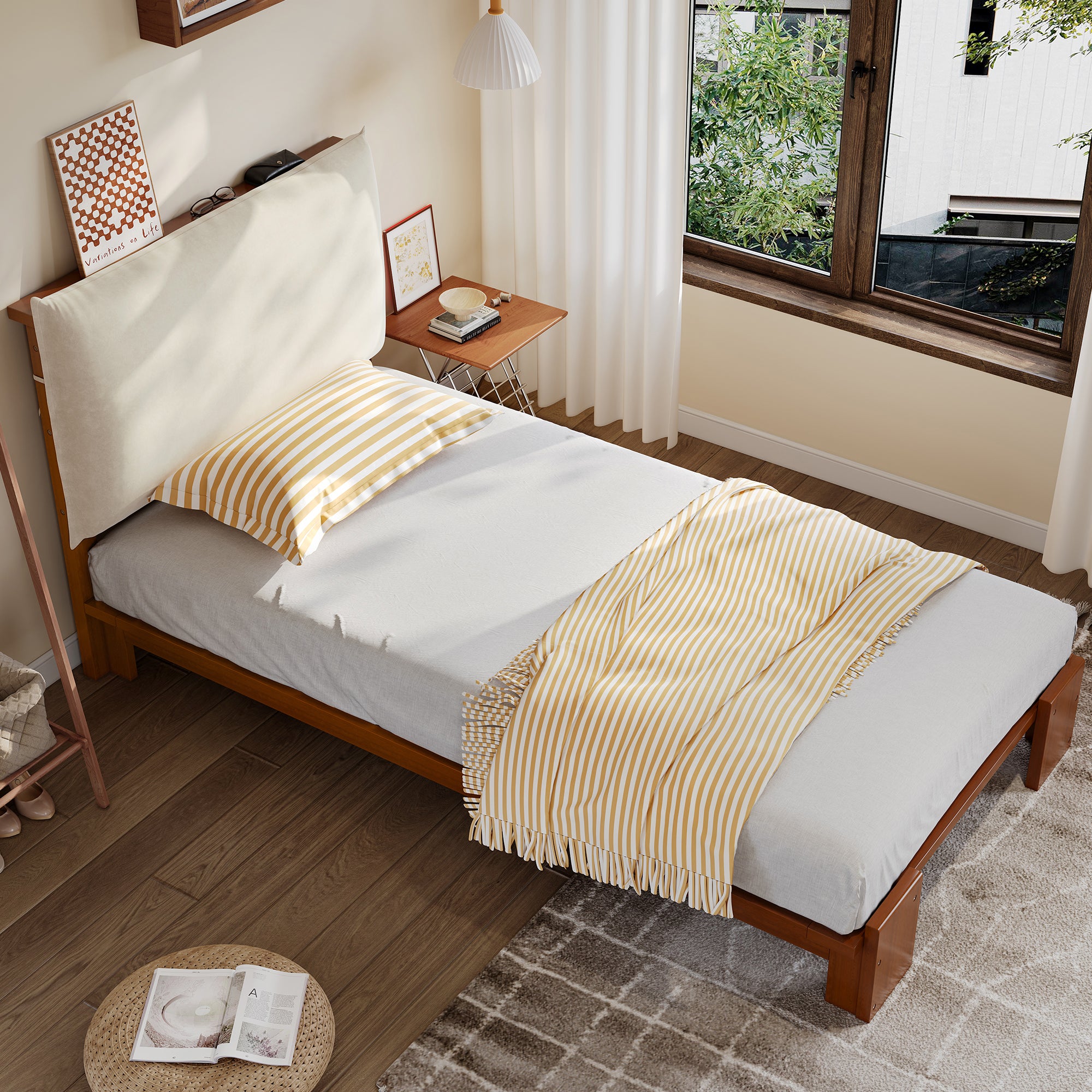 Upholstered Single Bed with Padded Headboard and Slatted Base, Dark Brown