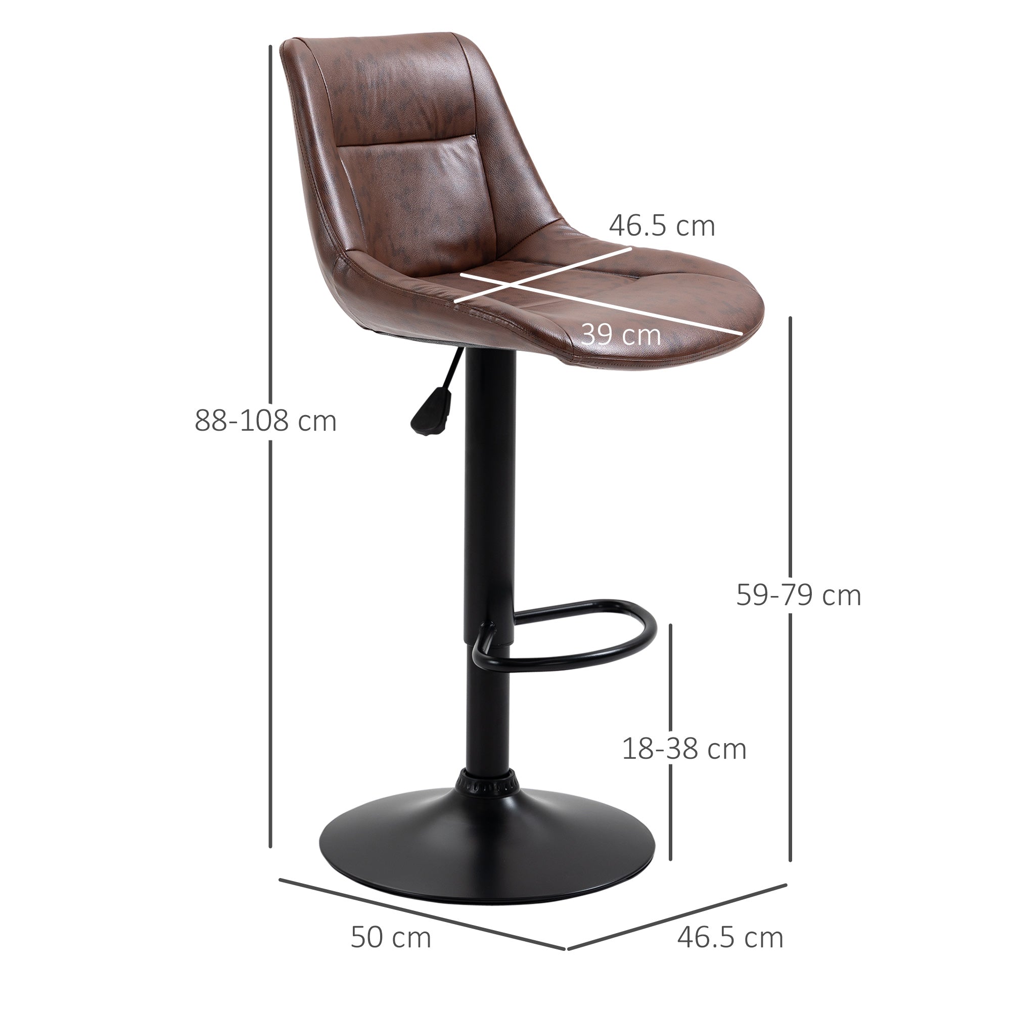 Bar Stool Set of 2, Height-Adjustable Swivel Counter Stool, Faux Leather Brown
