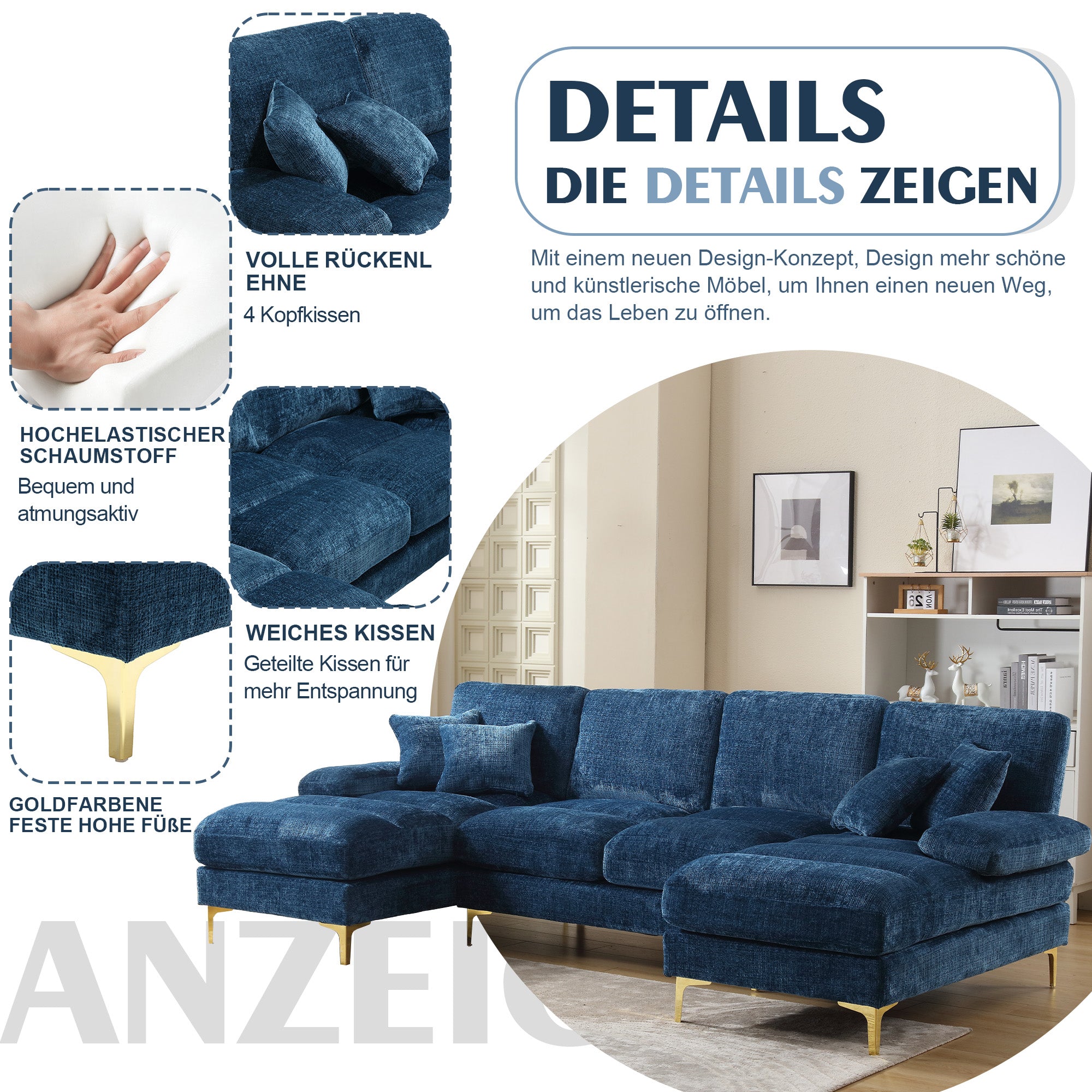 Sectional Sofa, Modern Large U-Shape with Double Reclining Seats, Chenille