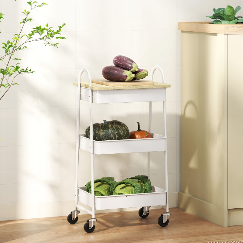 3-Tier Kitchen Storage Trolley, On Wheels Covered Top Board, White and Oak