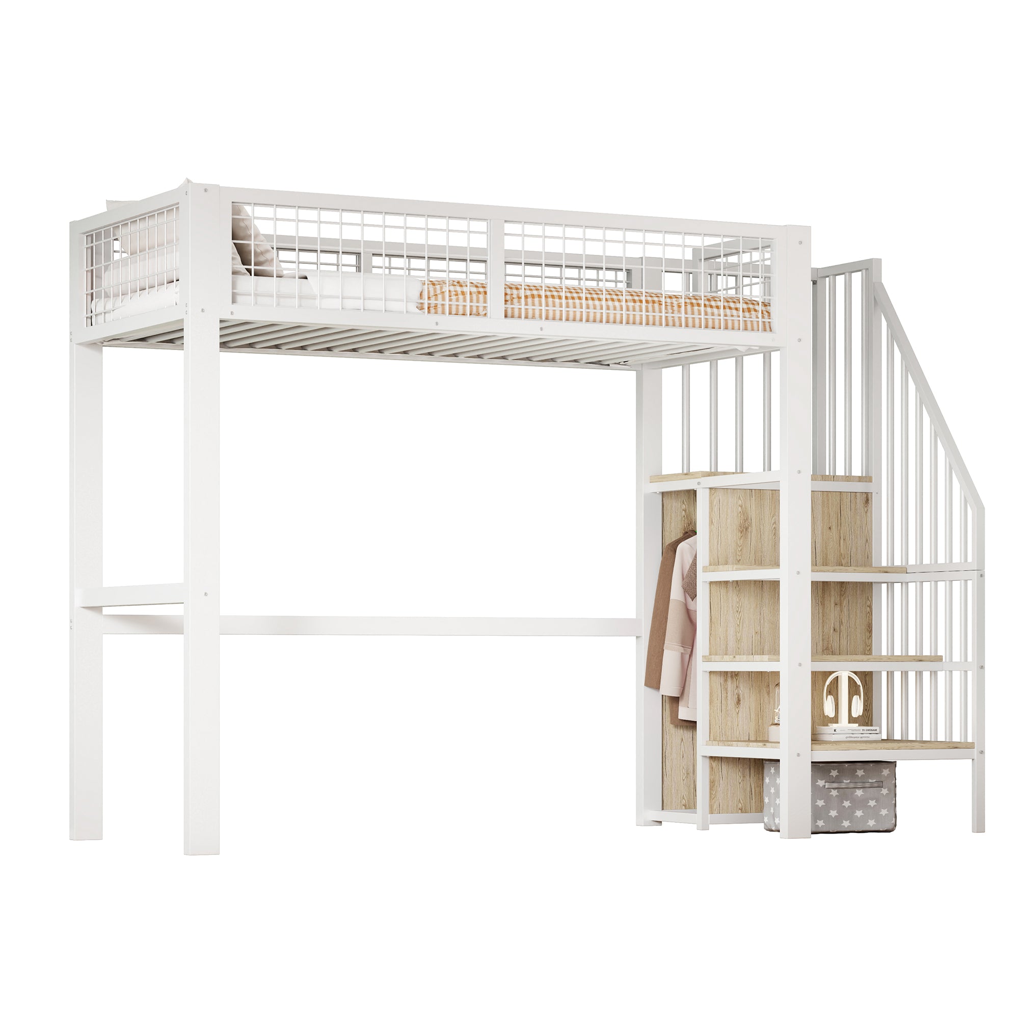 Loft Bed with Ladder, Iron Frame & Storage Shelf, White