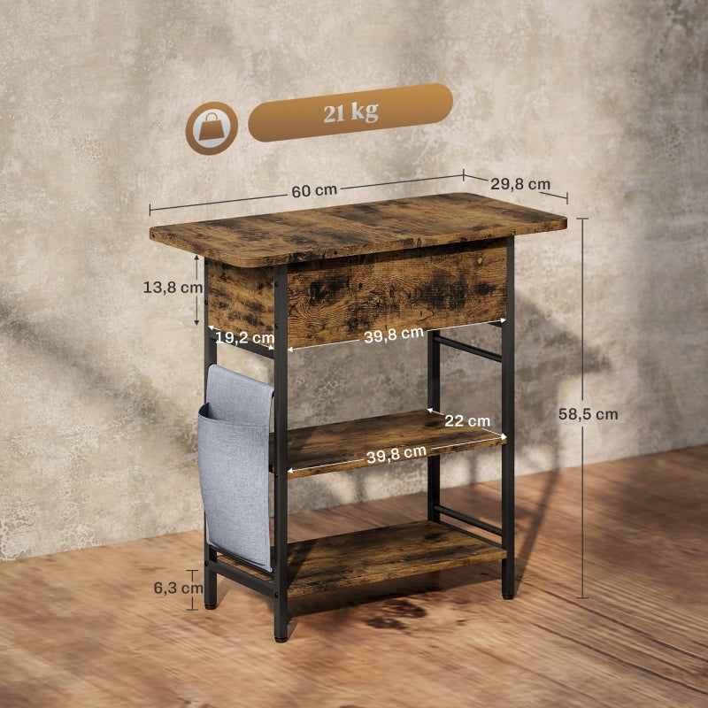 Side Table with Power Strip, 2 Levels, USB Ports, Rustic Brown