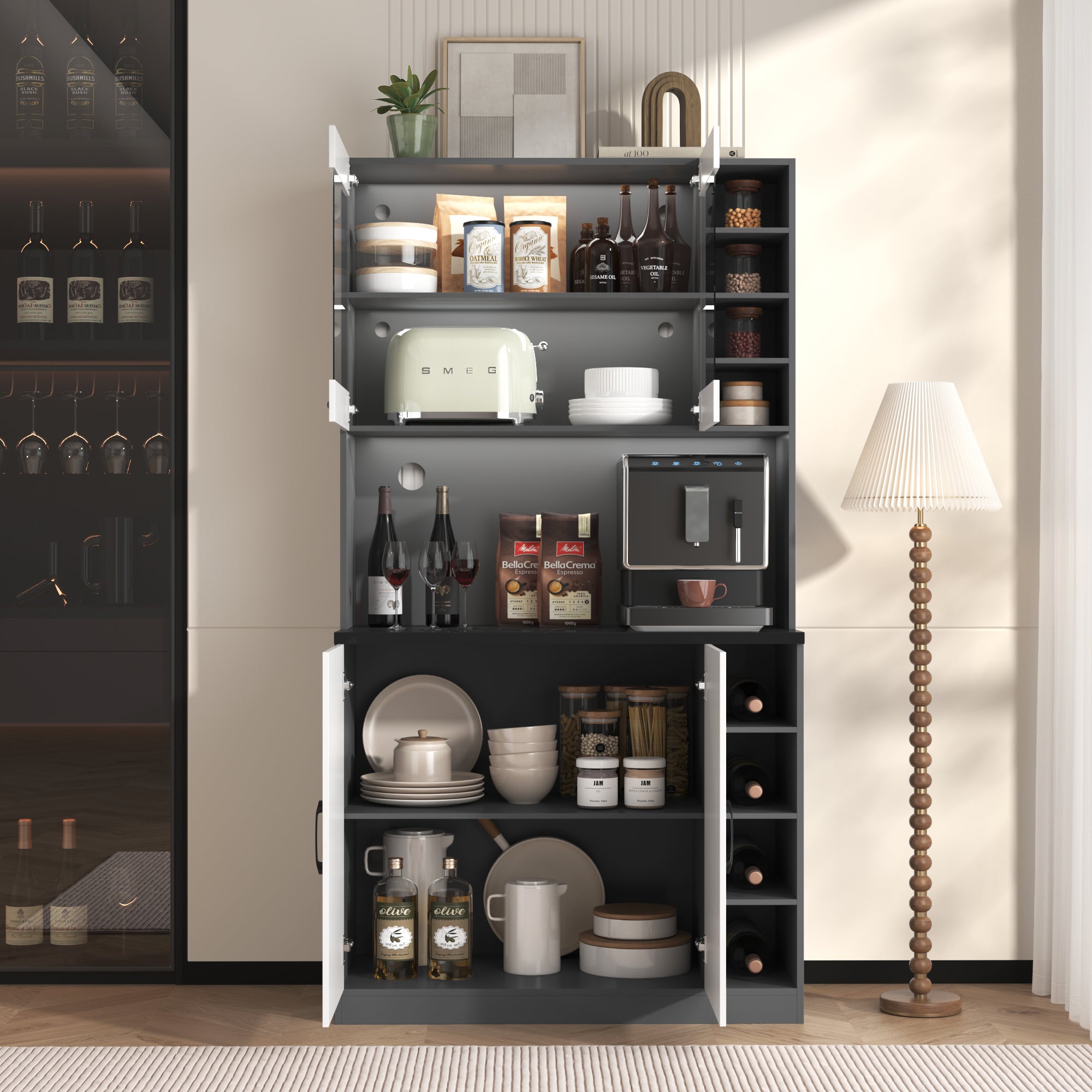 Kitchen Highboard Buffet 100x47x187cm LED Lighting Microwave Adjustable Shelves - Wooden