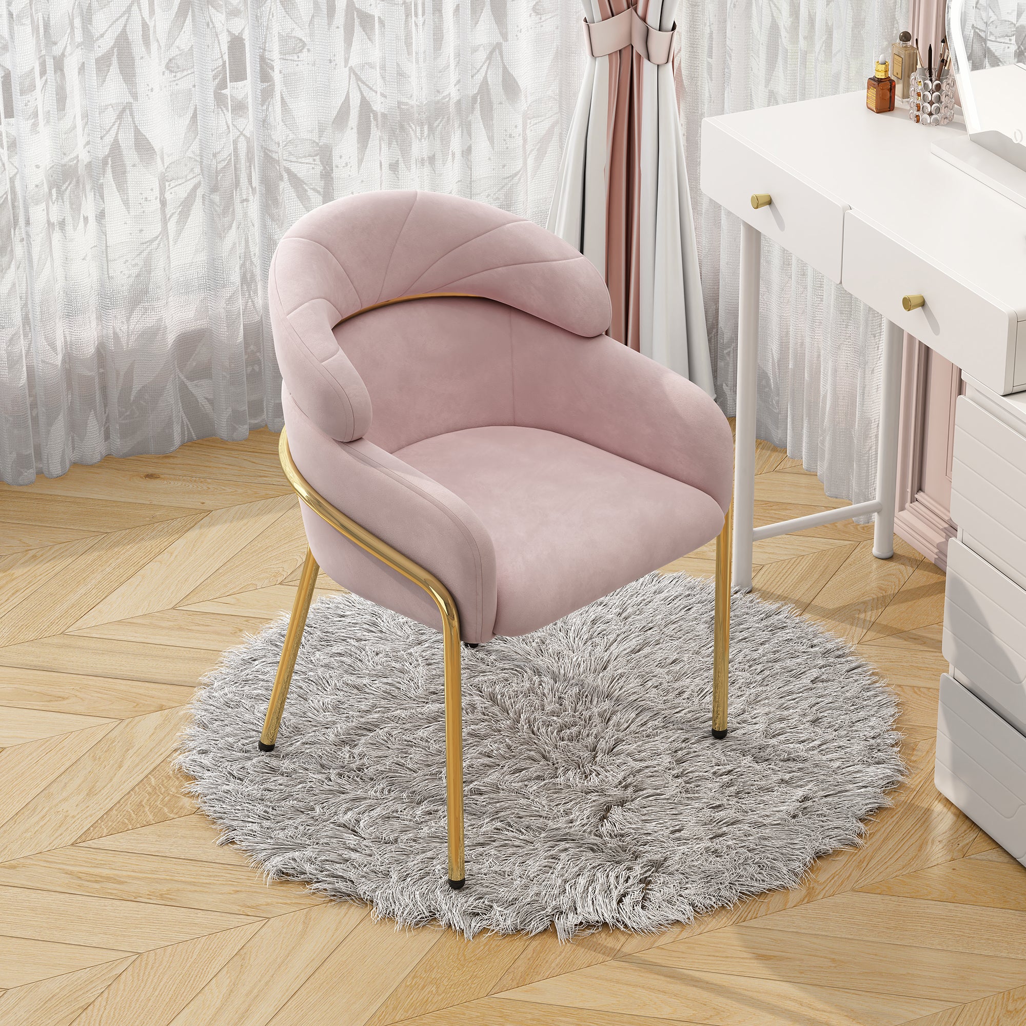 Dining Chair, Single Light Luxury Leisure Chair with Metal Legs, Velvet Pink