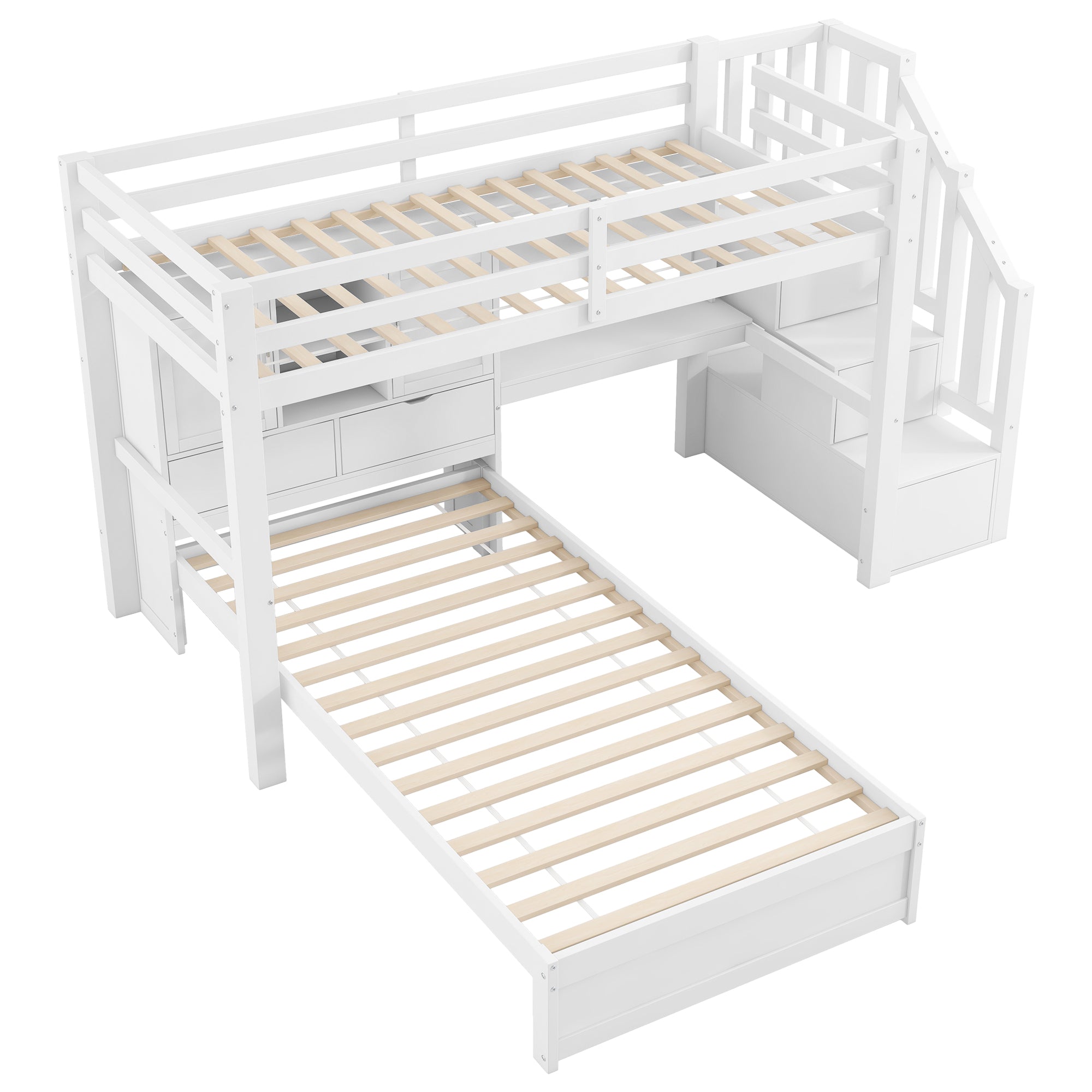 Loft Bed 90x200cm Desk Stairs Storage Shelves - White