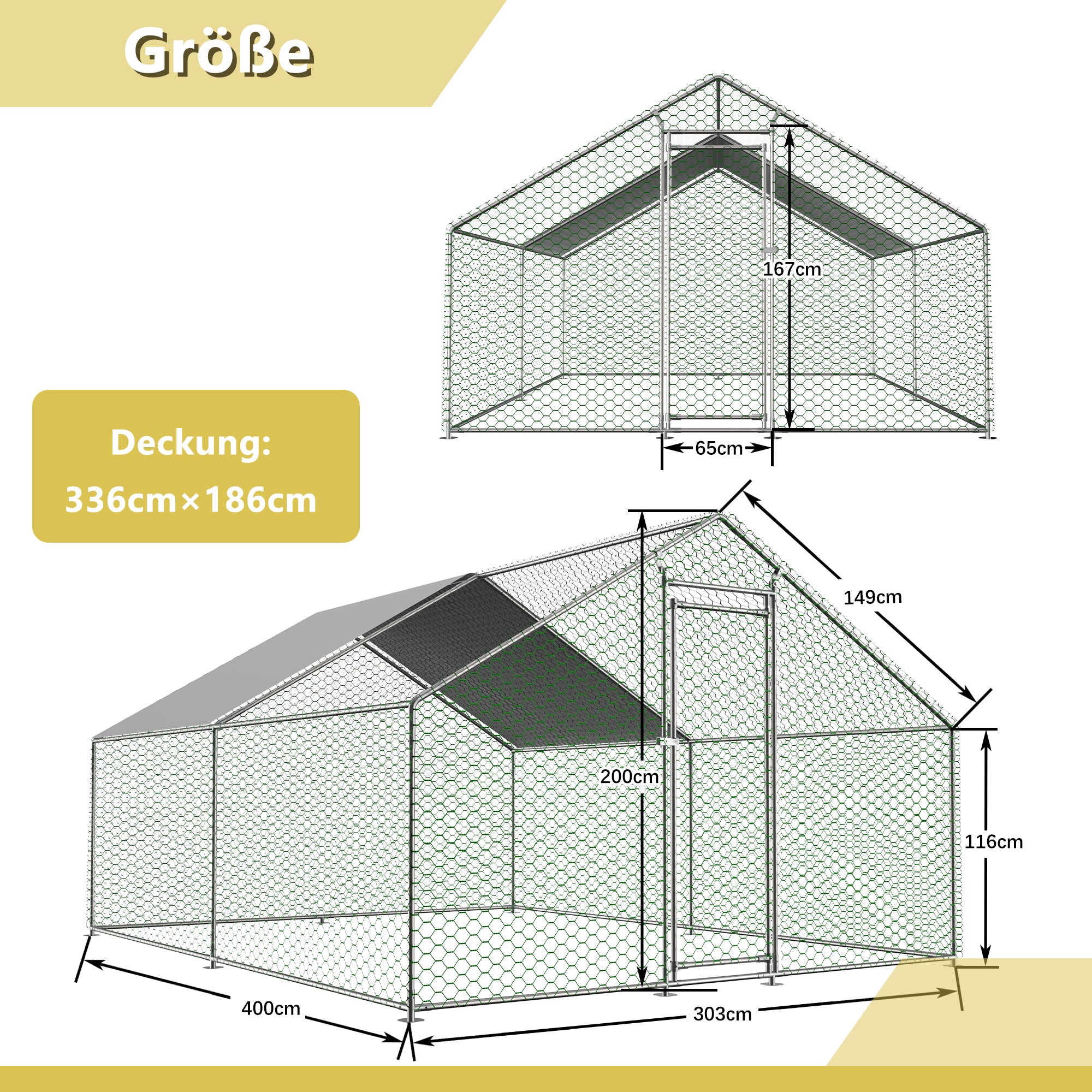 Free-range Chicken Coop, 3x4x2m with Safety Lock, Metal & PE Cloth