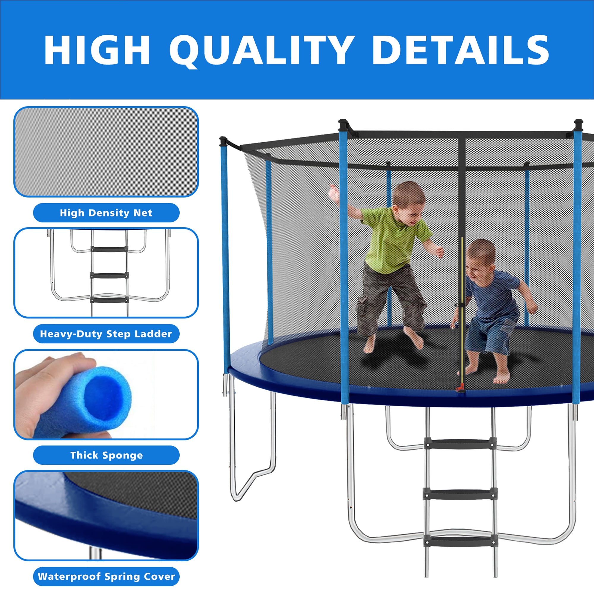 Trampoline 8-12FT Adjustable, Safety Enclosure Net & Spring Pad, Heavy-Duty Galvanized Steel Frame, 400lbs Capacity, Blue