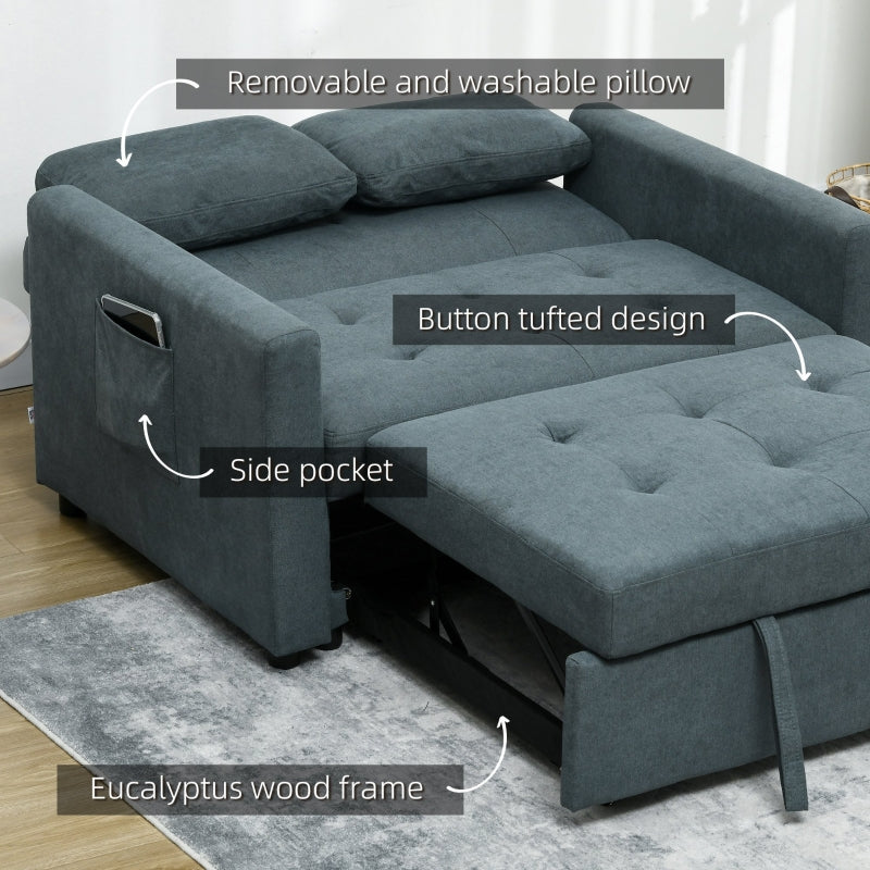 Loveseat Sofa Bed, Convertible Settee with 2 Cushions and Side Pockets, Charcoal Grey