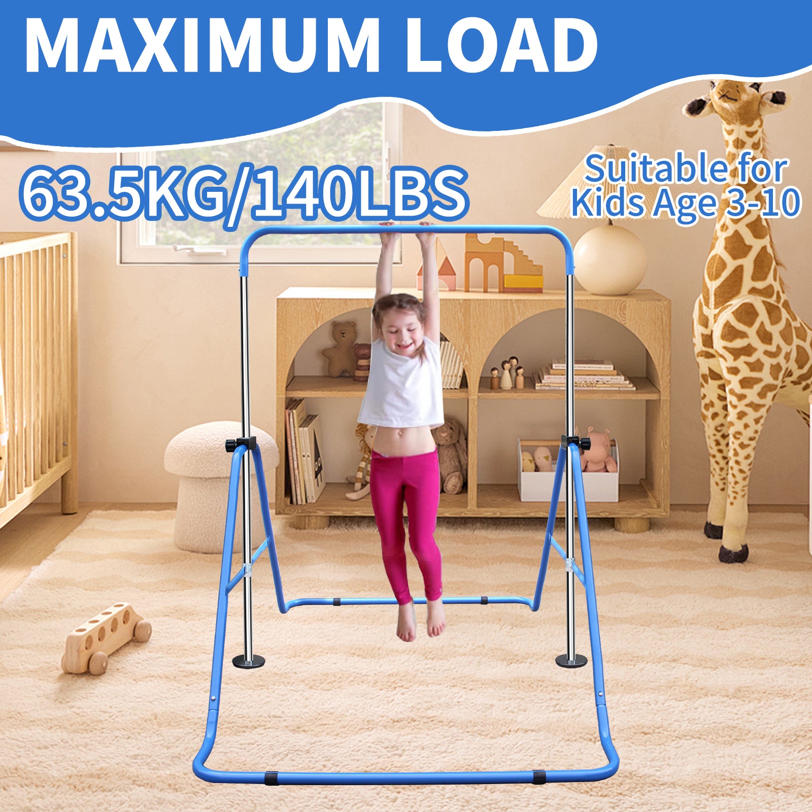 Expandable Gymnastics Bar, Height Adjustable Folding Junior Training, Blue