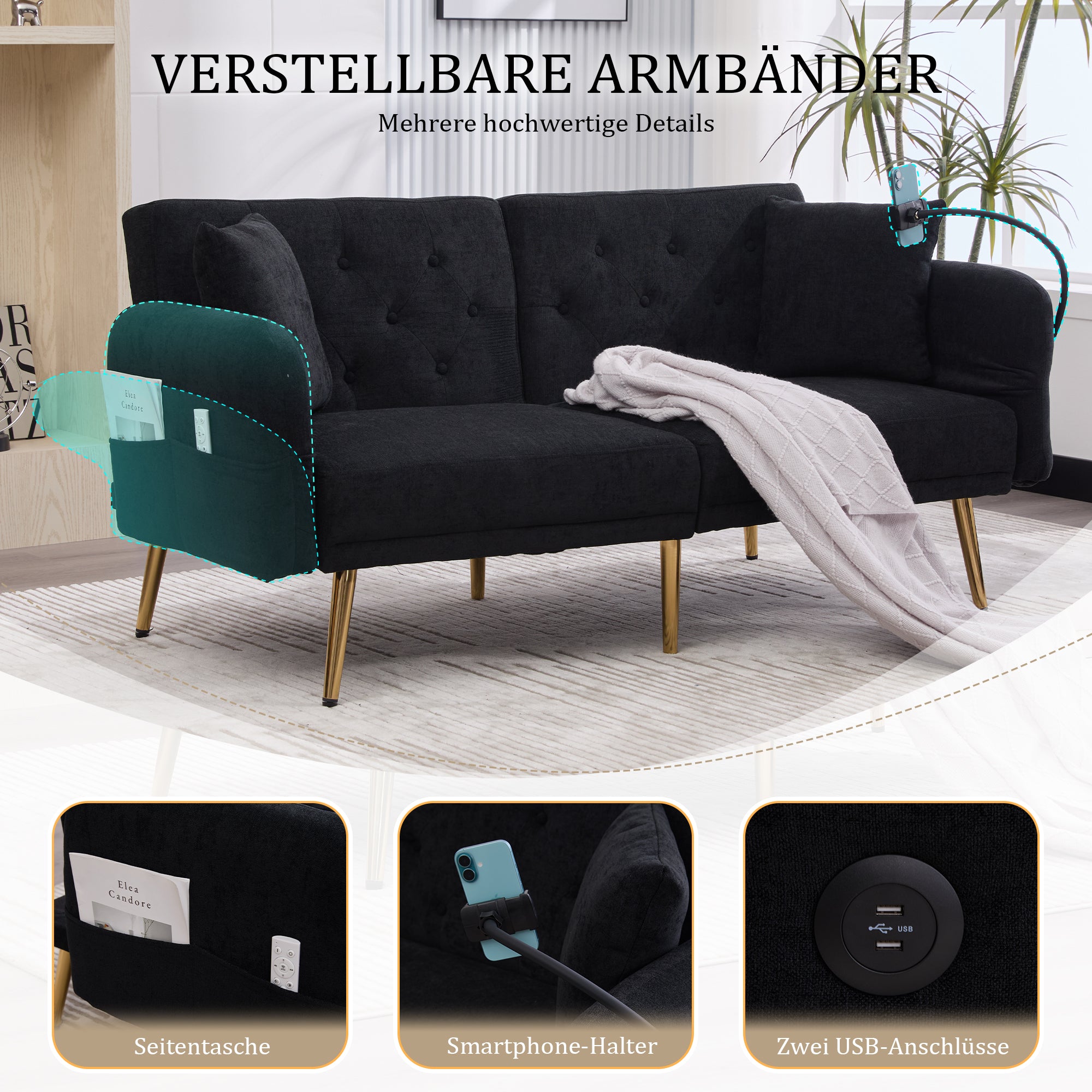 Sofa Bed, Multifunctional with USB & Holder, Metal Legs