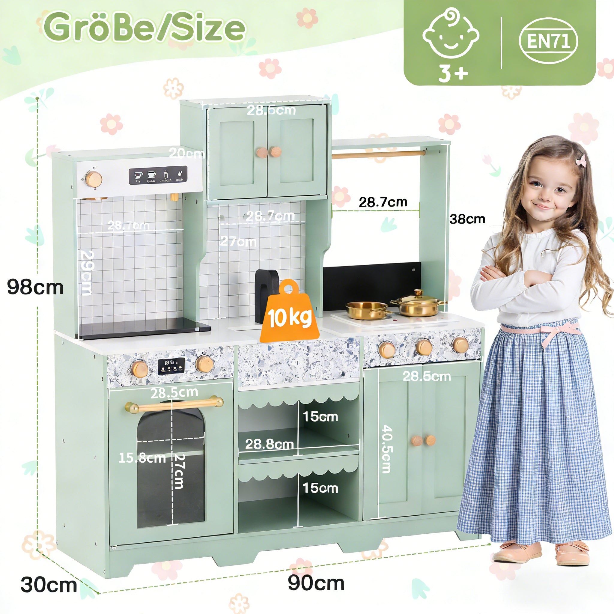 Children's Play Kitchen with Accessories and Creative Design, Green Wood and Plastic