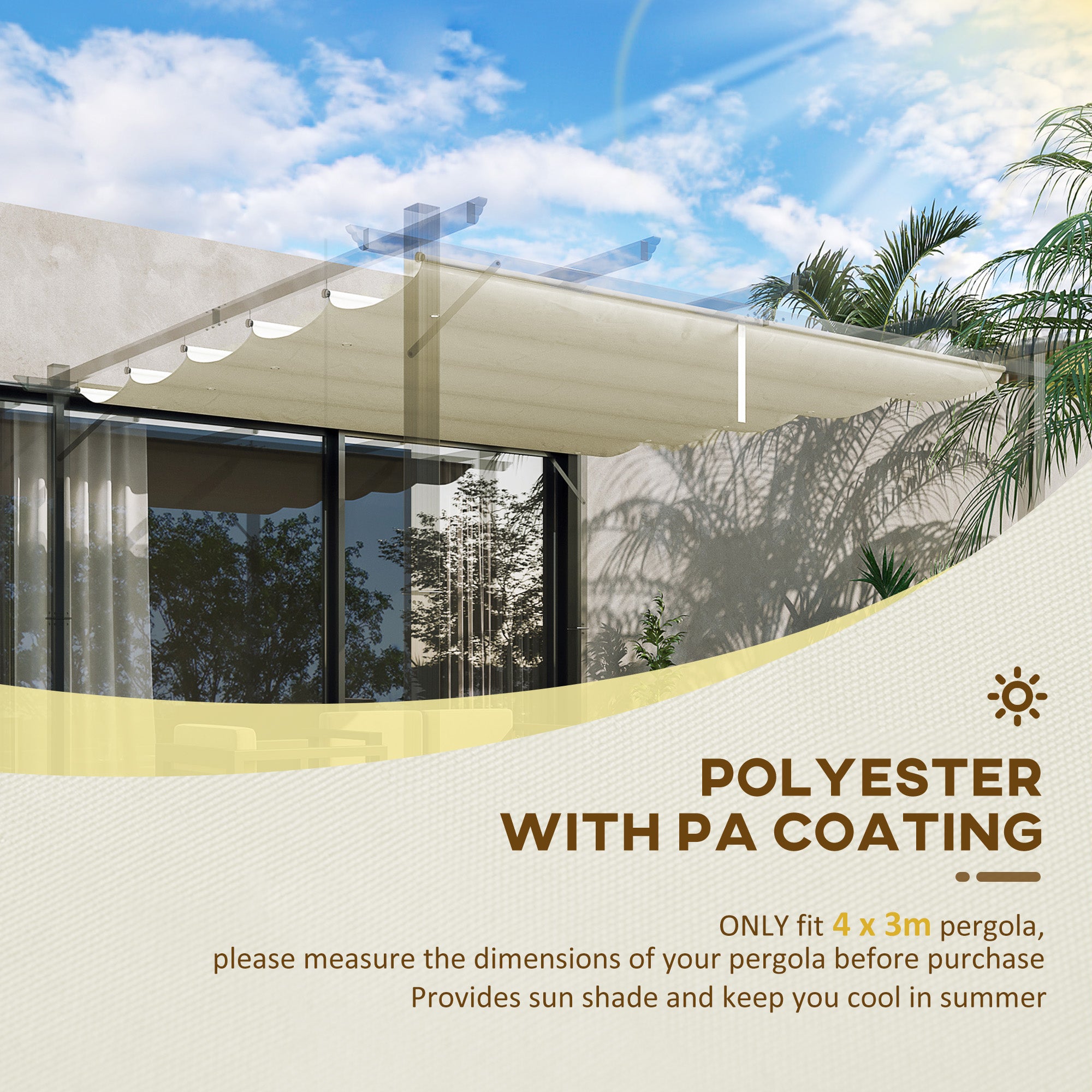 Retractable Pergola Shade Cover Replacement Canopy Fabric 3x3m Cream White