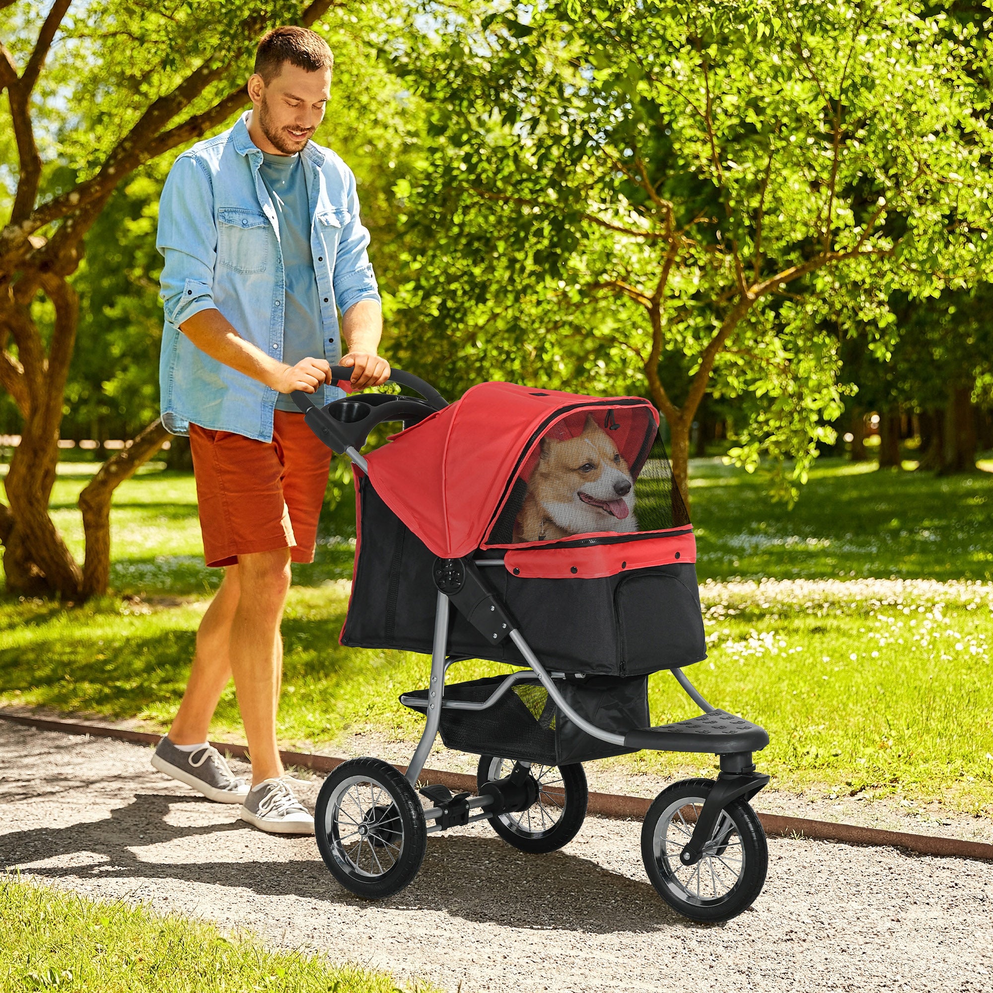Dog & Cat Pet Stroller, Foldable 3 Wheels, Oxford Red Black
