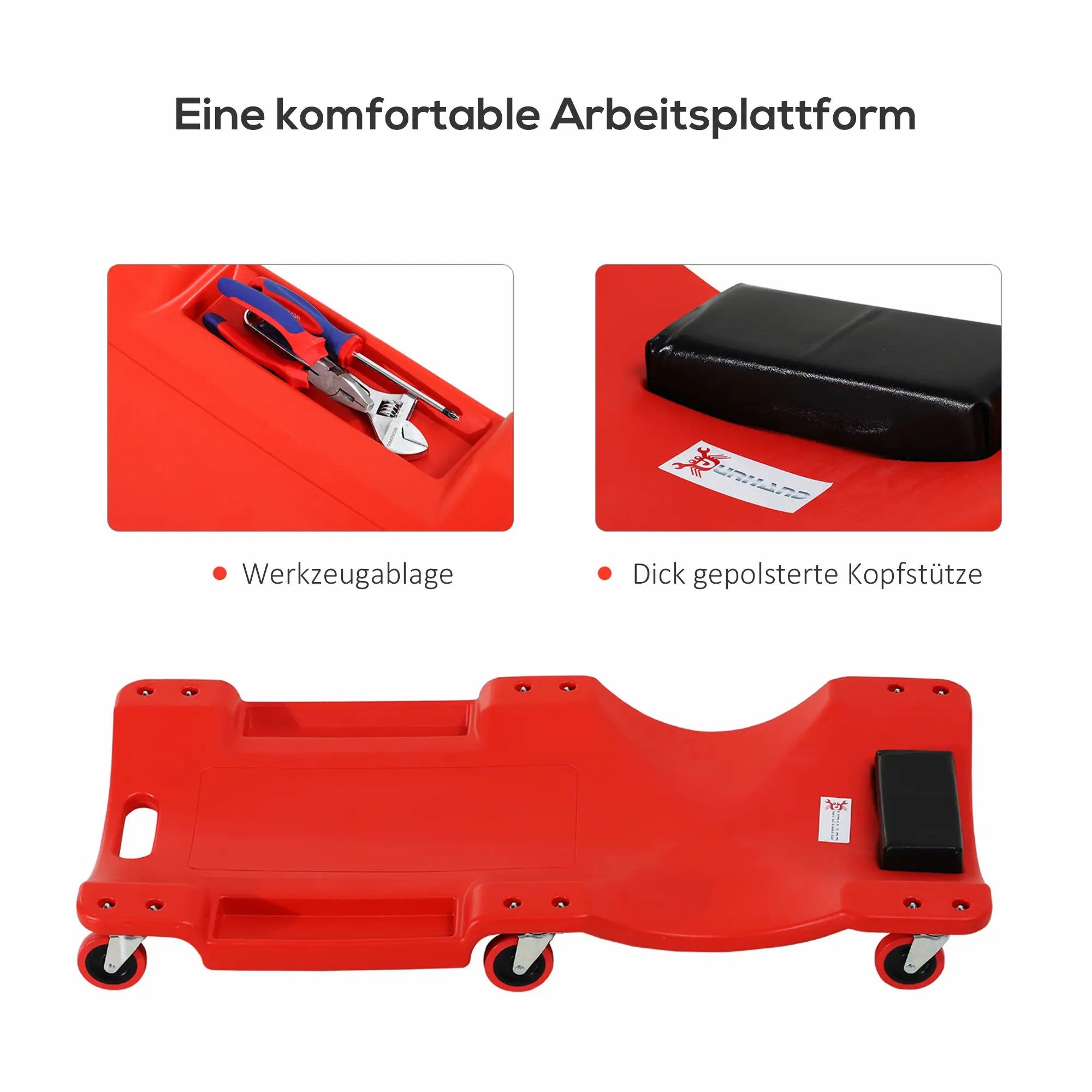 DURHAND Car Rolling Board Workshop Bed, 6 Wheels, 120 kg Load Capacity, Red