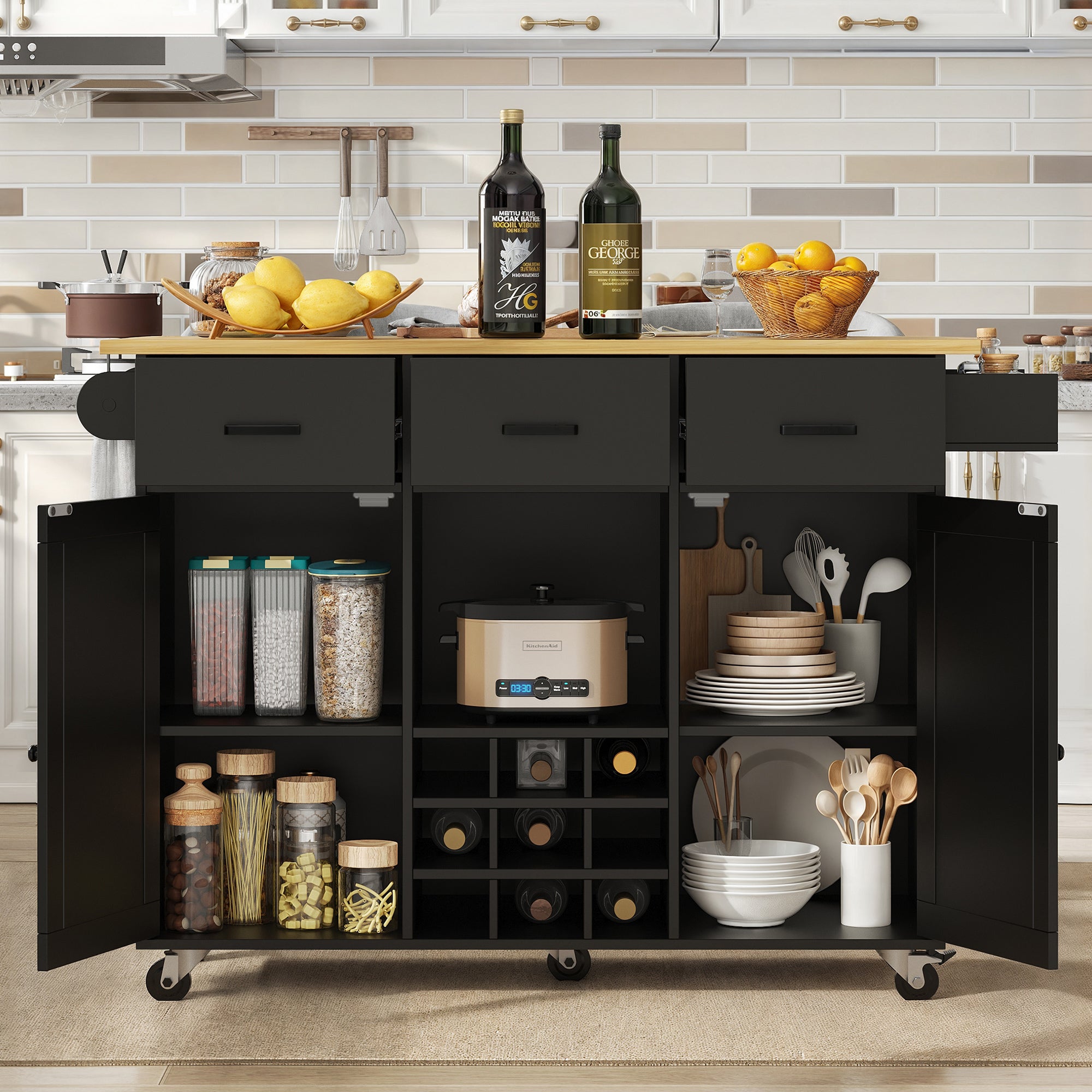 Dining Trolley Mobile Removable Worktop Spice Rack Adjustable Storage - Wood Grain Black