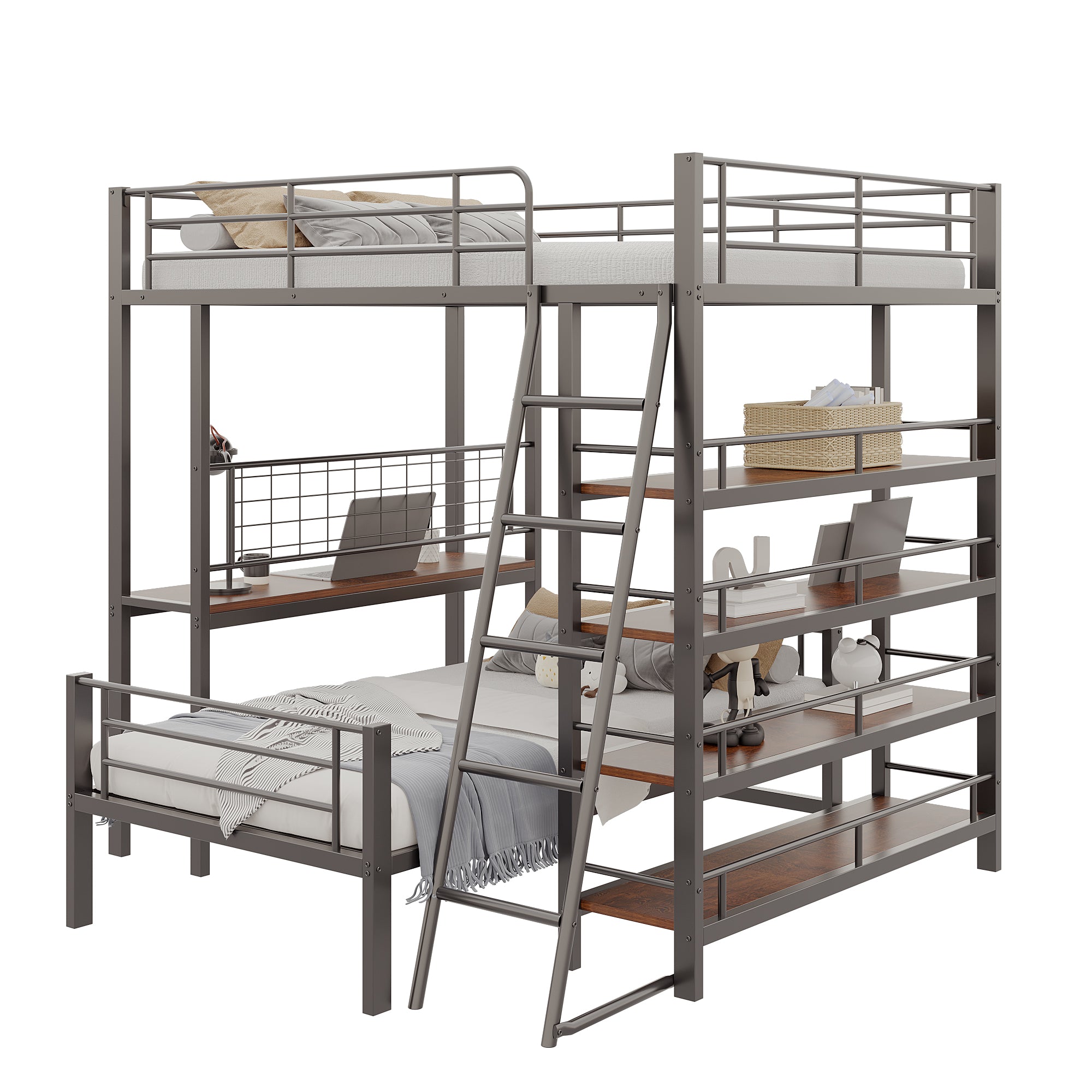 Bunk Bed Metal Frame Loft Bed 140*200 Multifunctional with Storage, Black