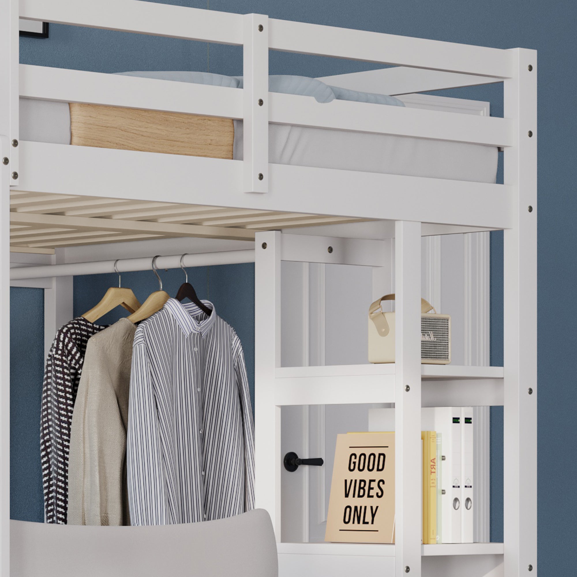 Loft Bed with Ladder, 140x200cm, Table, Shelves, Solid Wood White